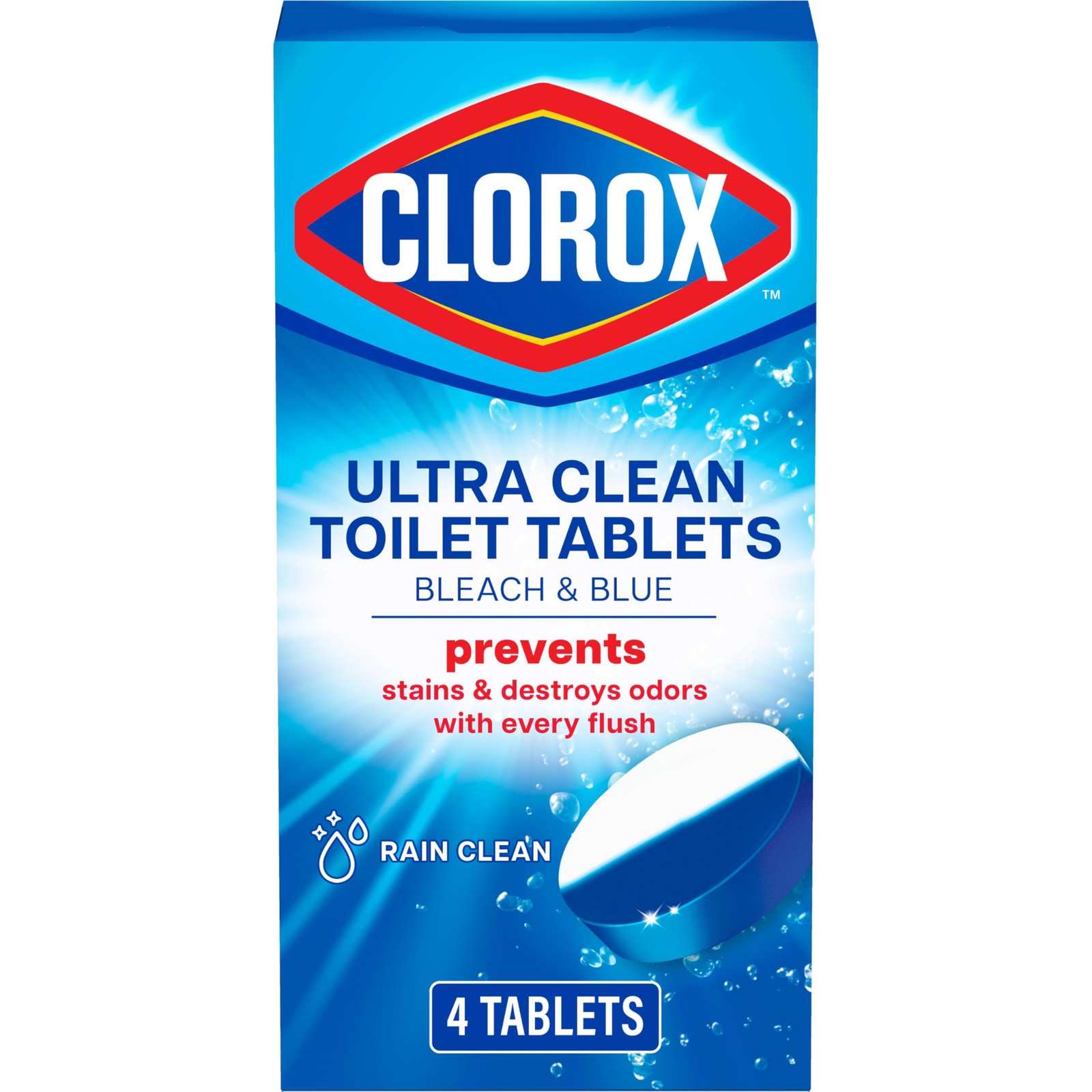Clorox Ultra Clean Toilet Tablets Bleach & Blue, Rain 4 Count,