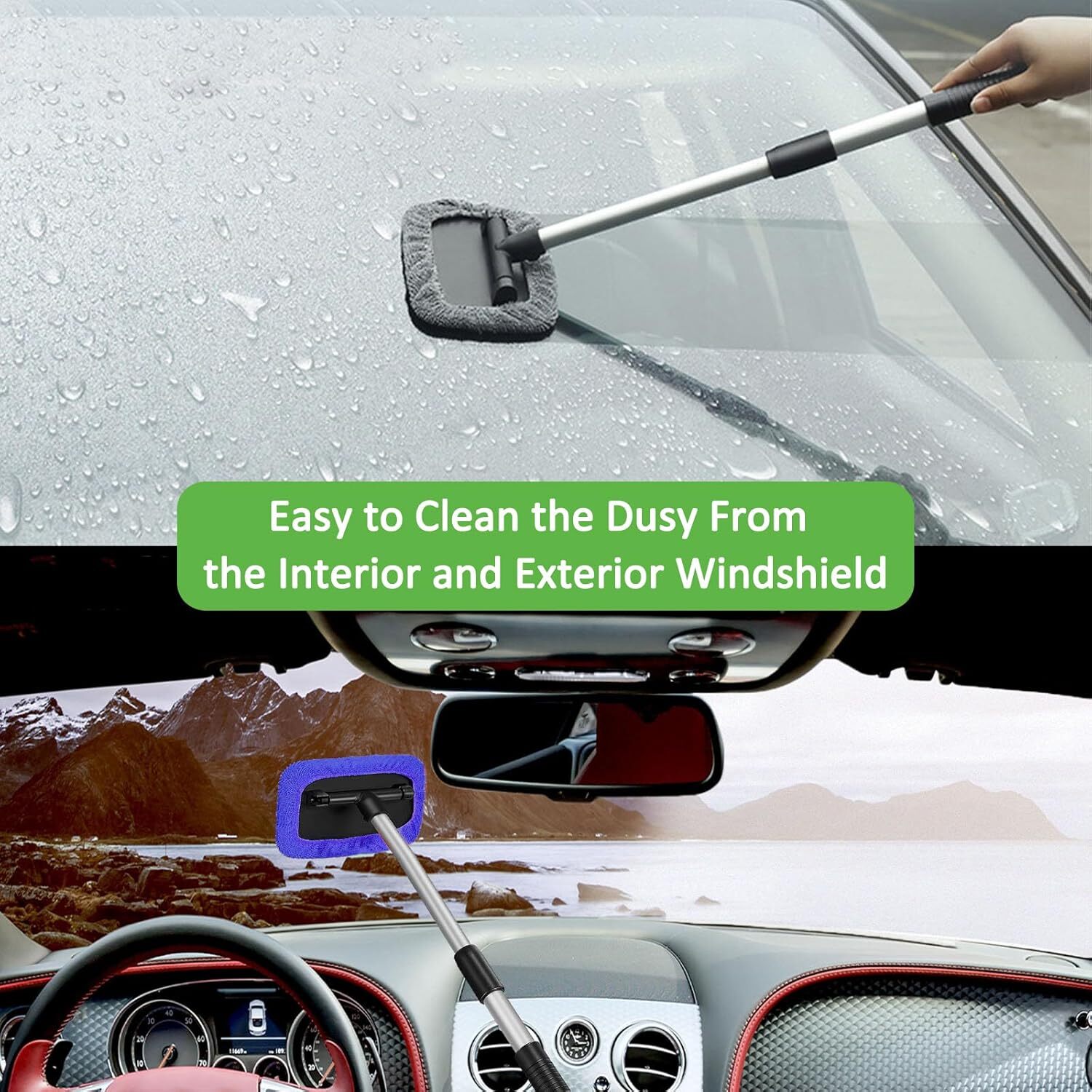 Gray Car Windshield Cleaner Tool Window Cleaning Tool Extendable&Microfiber Pads