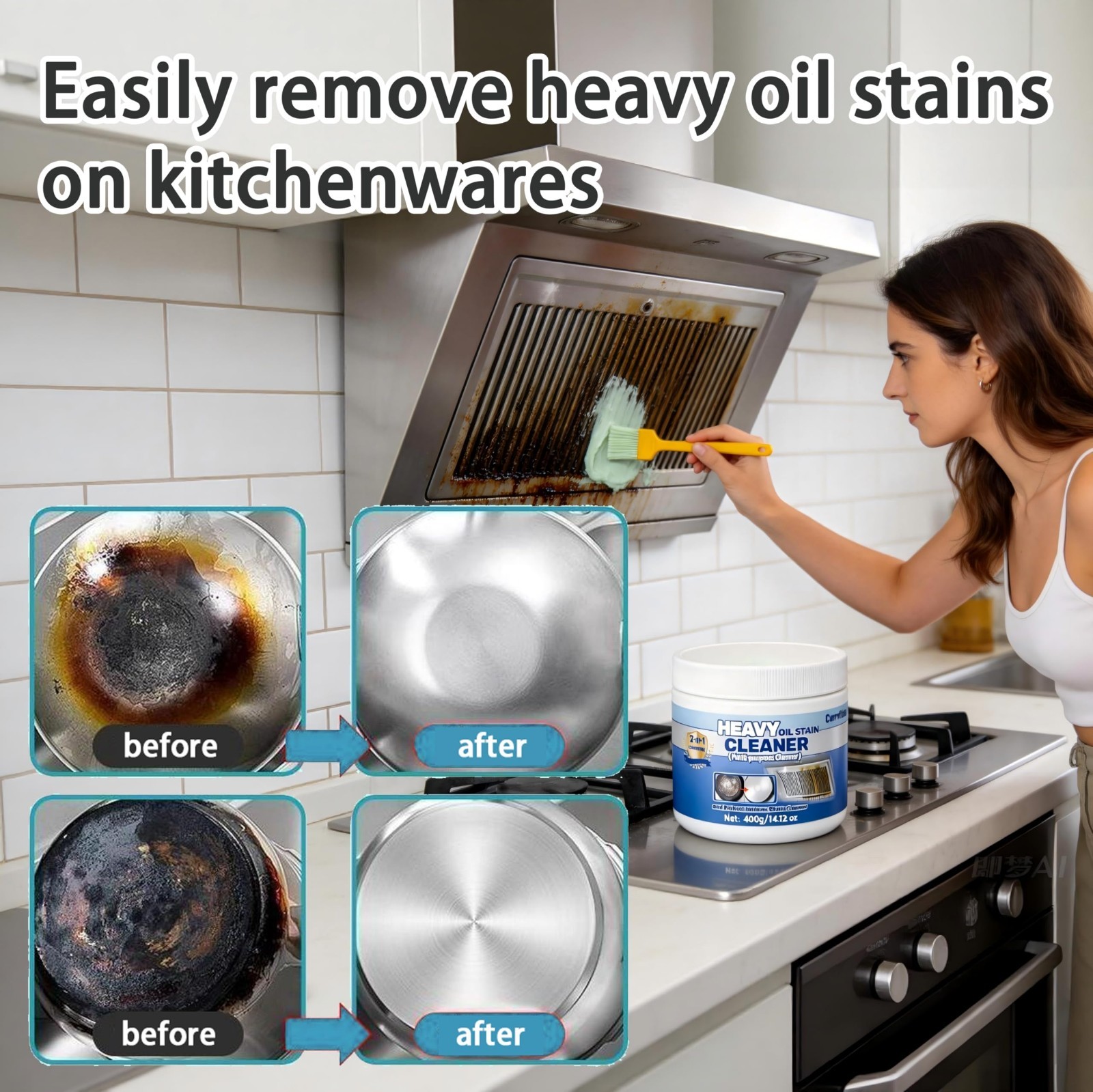 Powerful Heavy Oil Stain Cleaner for Pots & Pans, Multi-Purpose Kitchen Cleaner