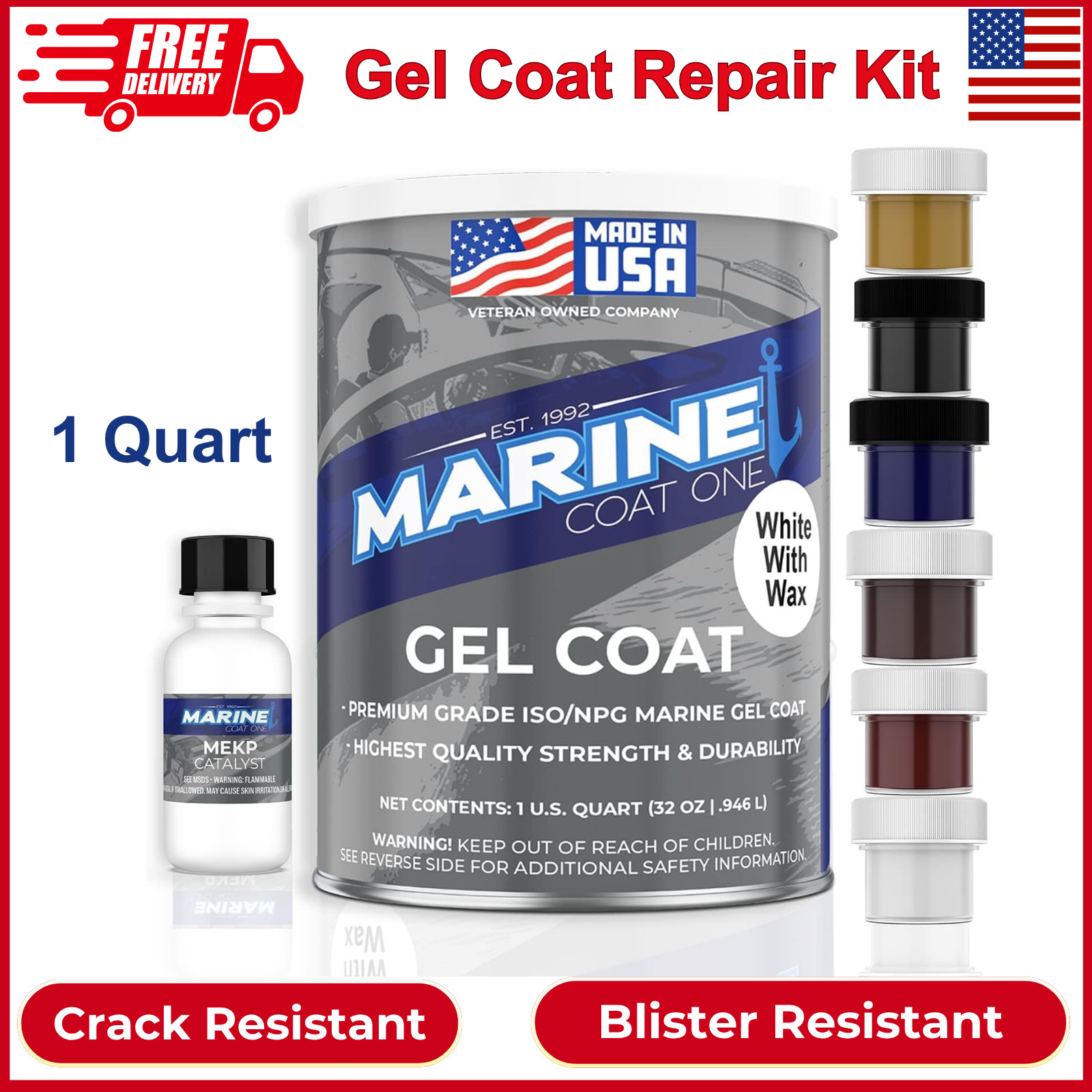 Gel Coat White With Wax& MEKP Catalyst For Boats And Fiberglass Repair (1 Quart)
