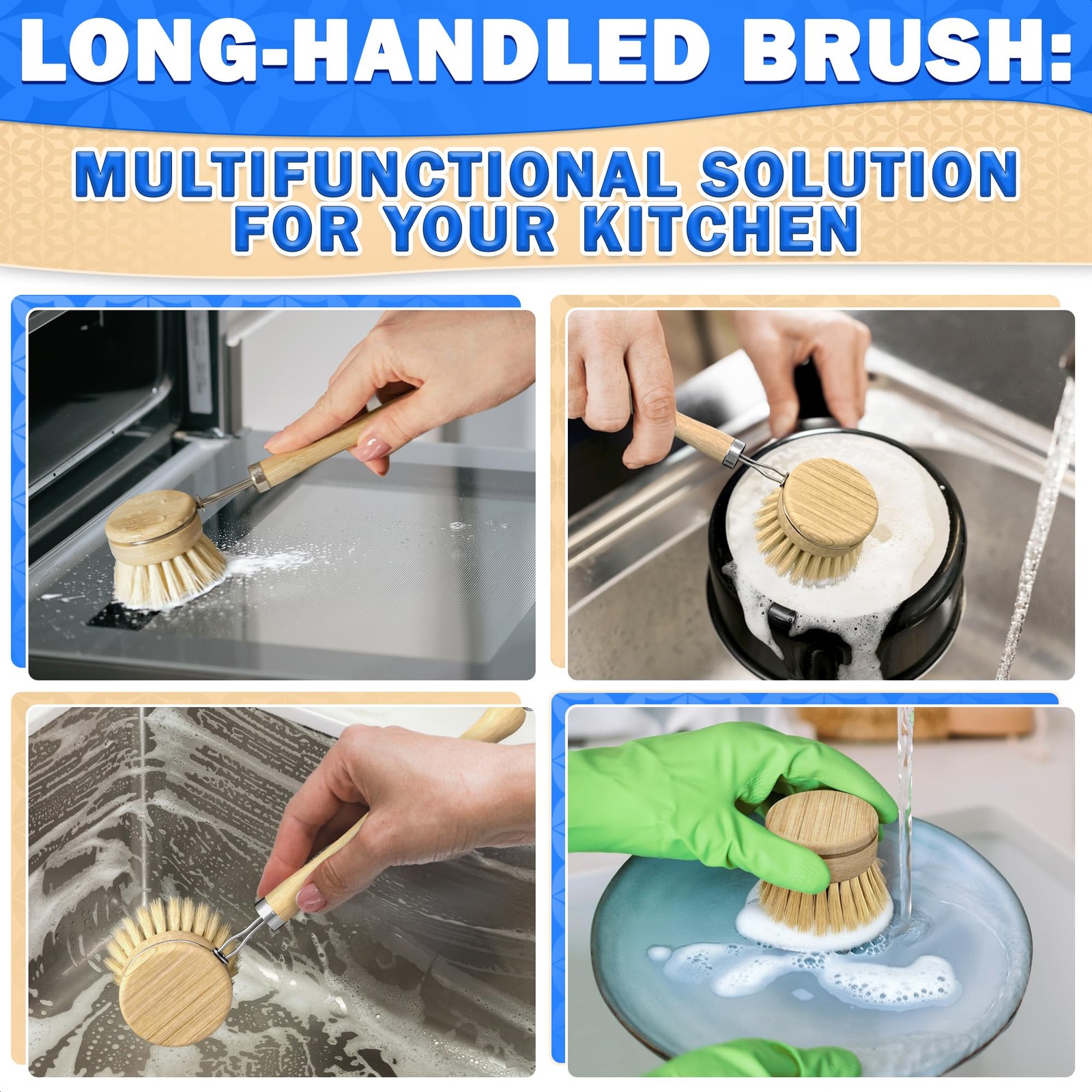 5 Pcs Bamboo Dish Brush Set â€“ Bamboo Dish Scrubber with Soft & Stiff Non-Scra