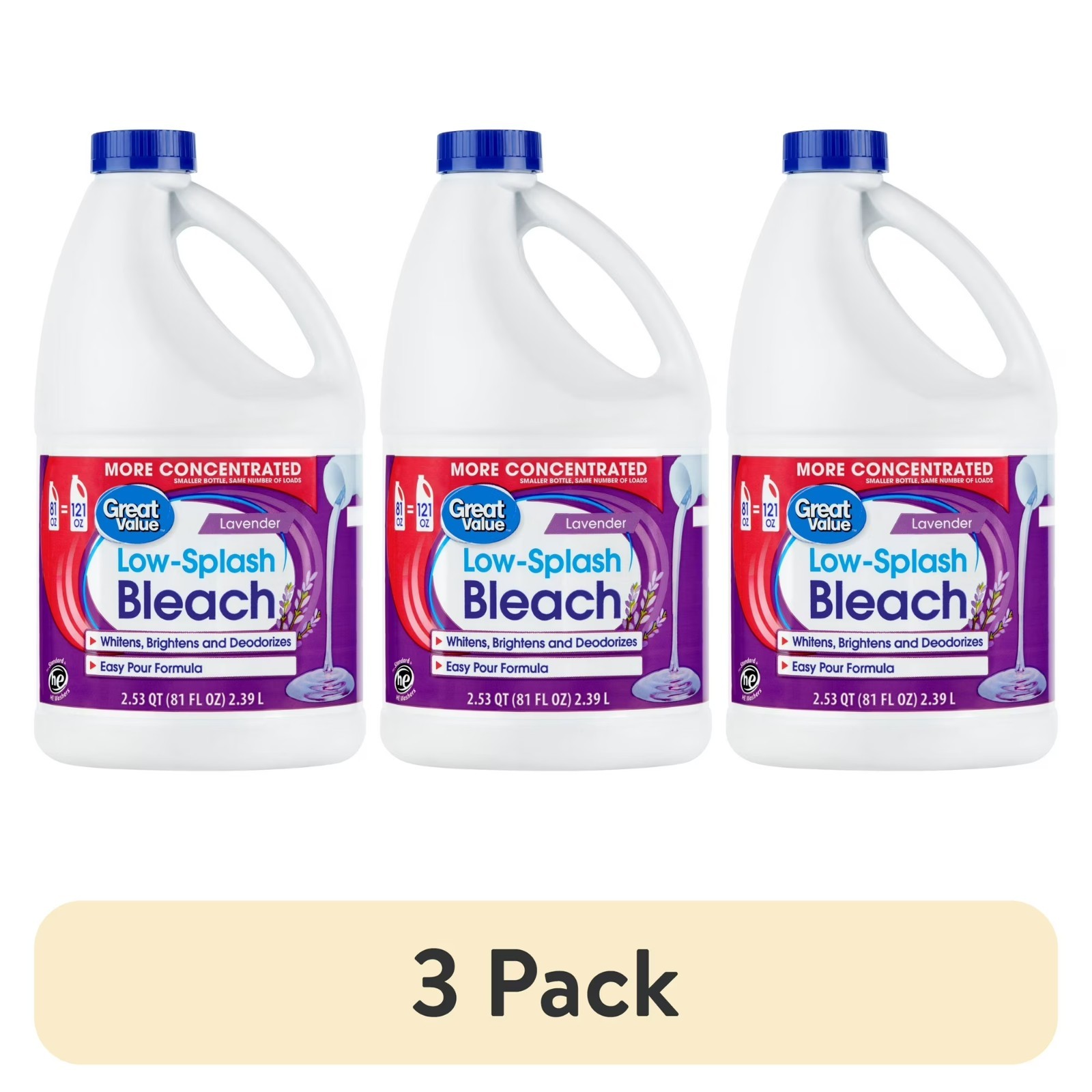 (3 pack) Great Value Low Splash Bleach, Lavender Scent, 81 fl oz