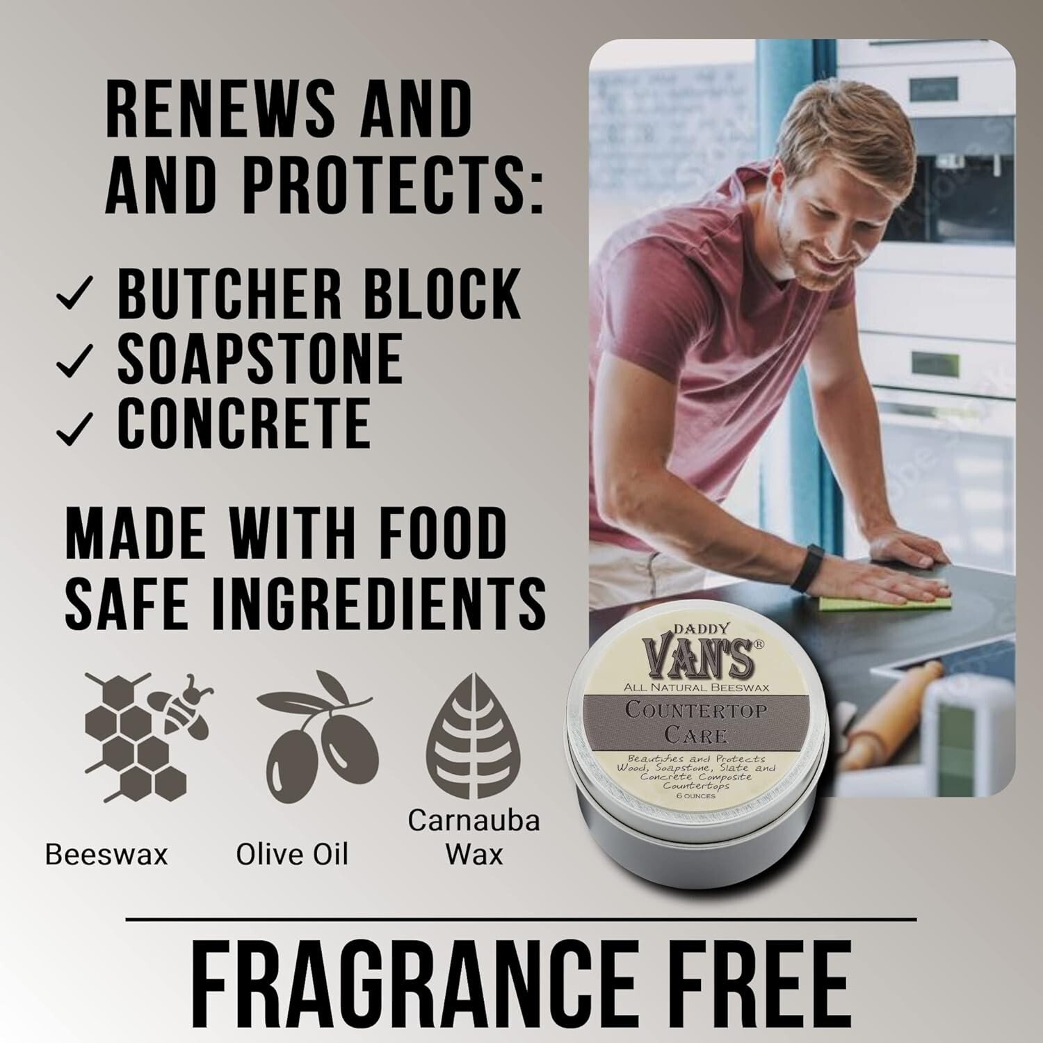 Daddy Van’s® All Natural Beeswax Countertop Care for Soapstone, Slate,