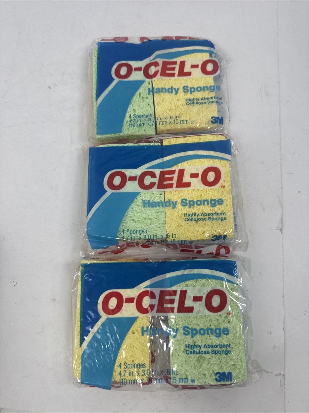 Vintage 1993 O-CEL-O Handy Sponges 3M USA Made (4) 4.7×3.0x0.6 Cellulose 3 Packs