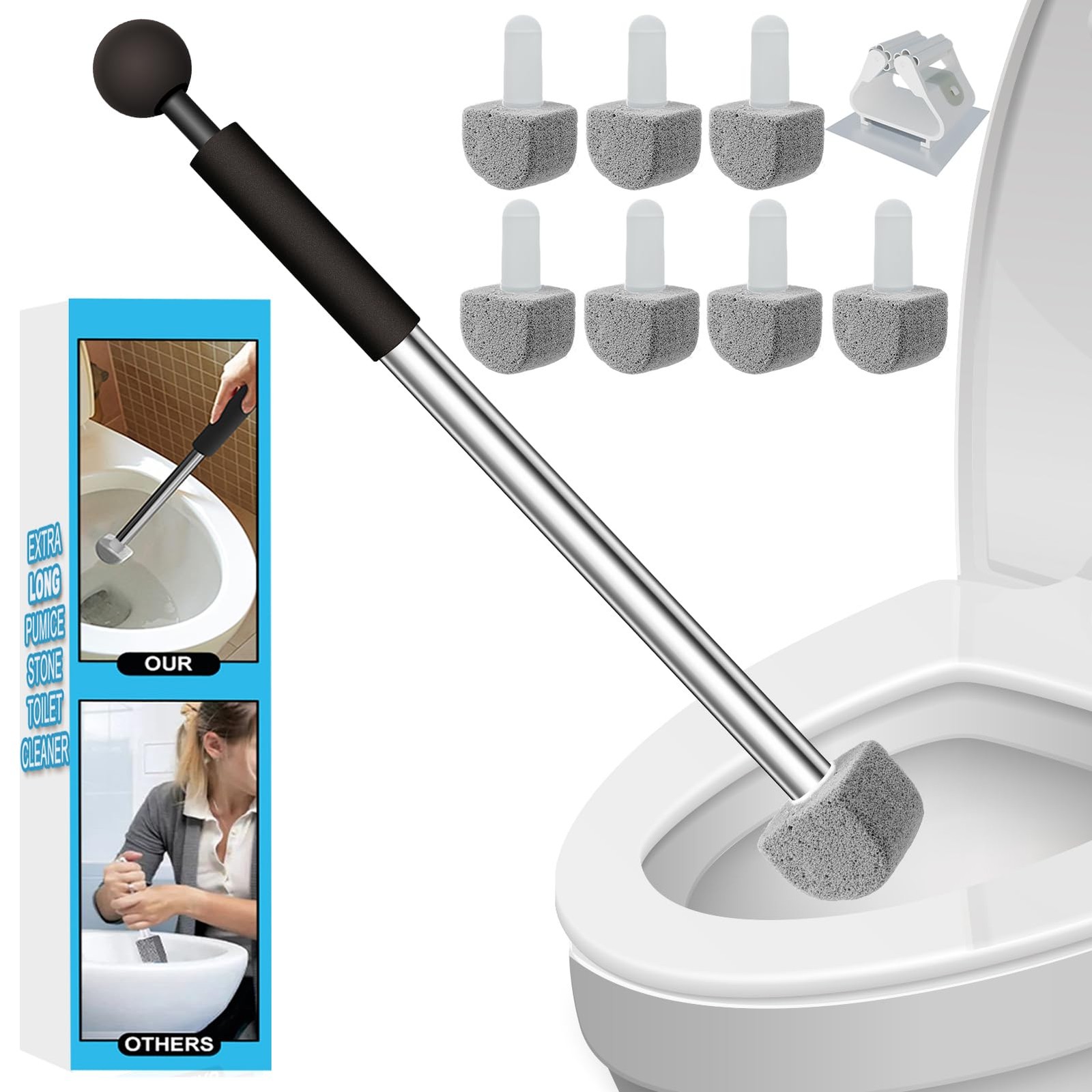 YINGMORE Pumice Stone Toilet Bowl Cleaner 1 Handle+8 Pumice, Black