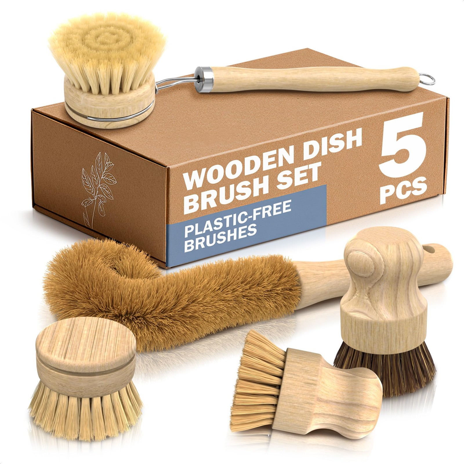 5 Pcs Bamboo Dish Brush Set â€“ Bamboo Dish Scrubber with Soft & Stiff Non-Scra