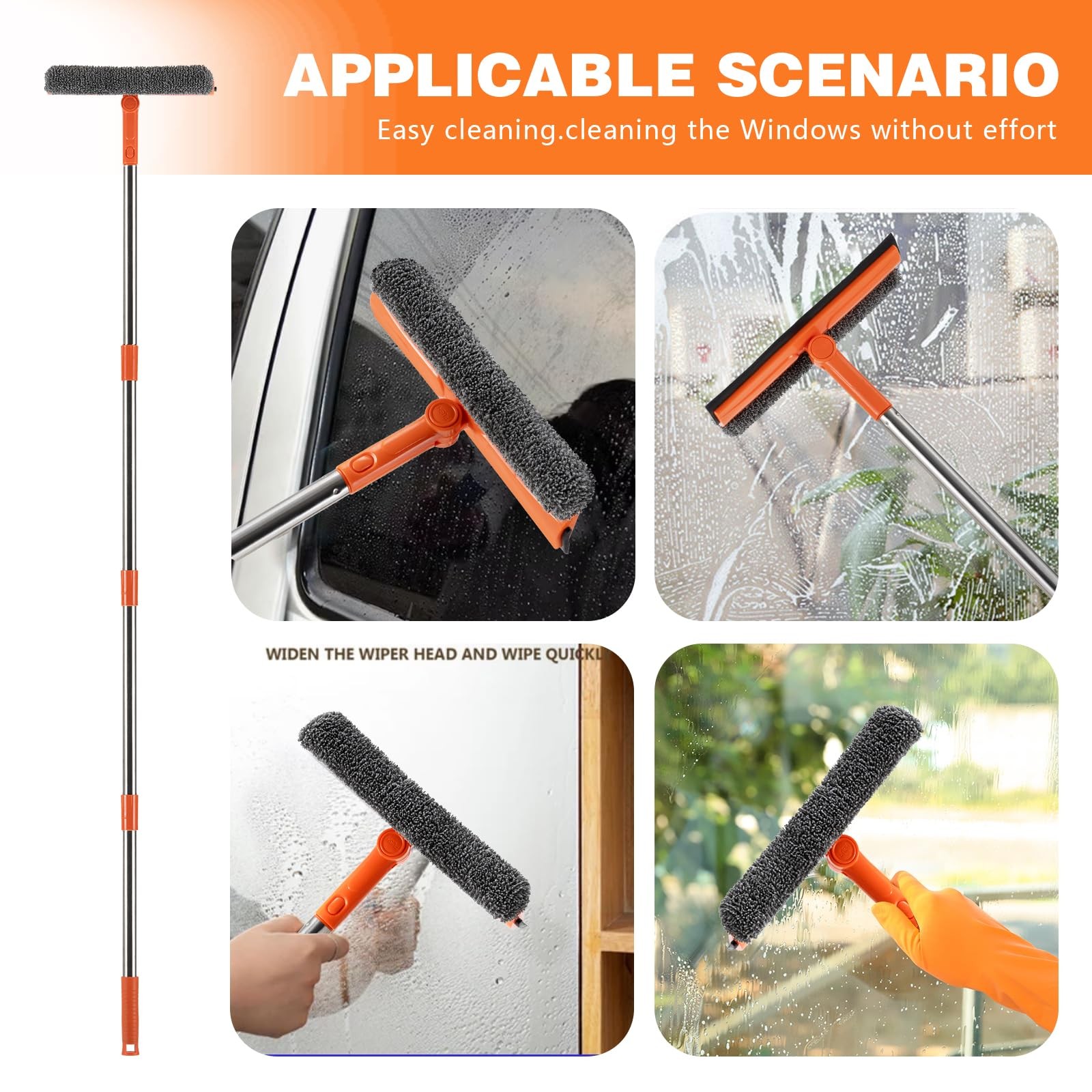 Professional 2 in 1 Window Squeegee with 68″ Long Stainless Steel Handle,Micr
