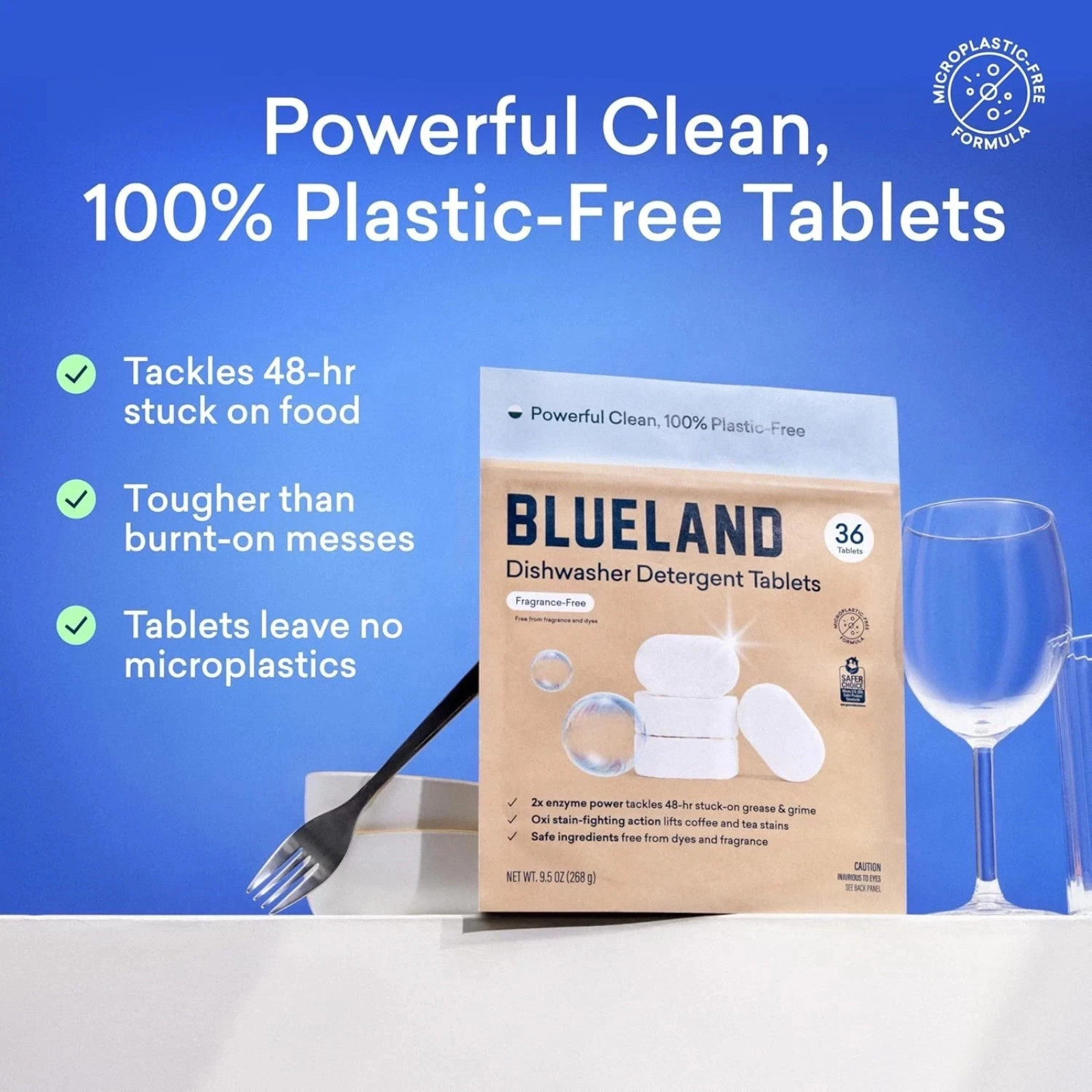 BLUELAND 100% Plastic-Free Dishwasher Detergent Tablets, 120 Count, Free & Clear
