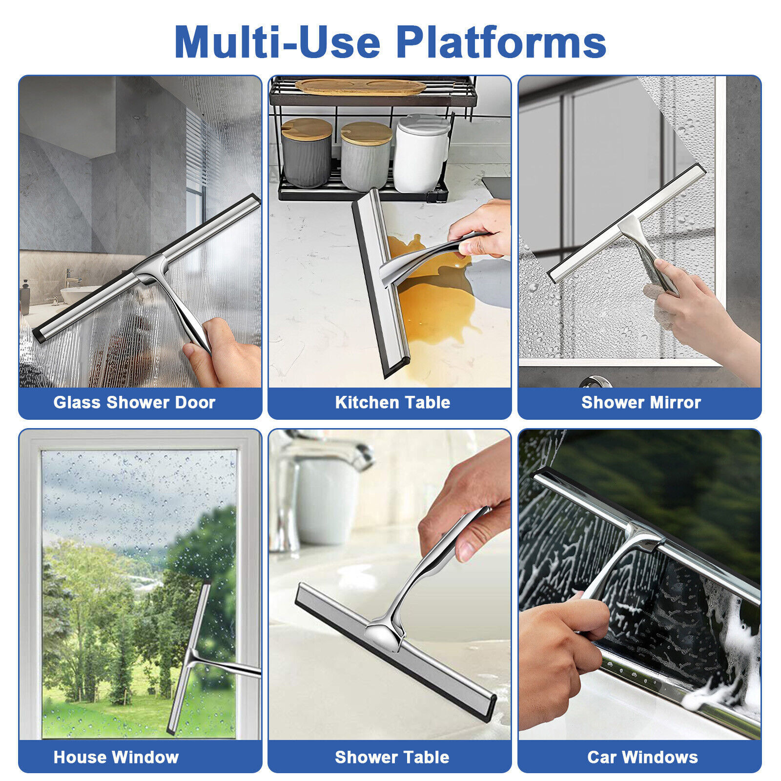 1Pc Stainless Steel Shower Squeegee for Car with 1 Adhesive Hook Silver Bathroom