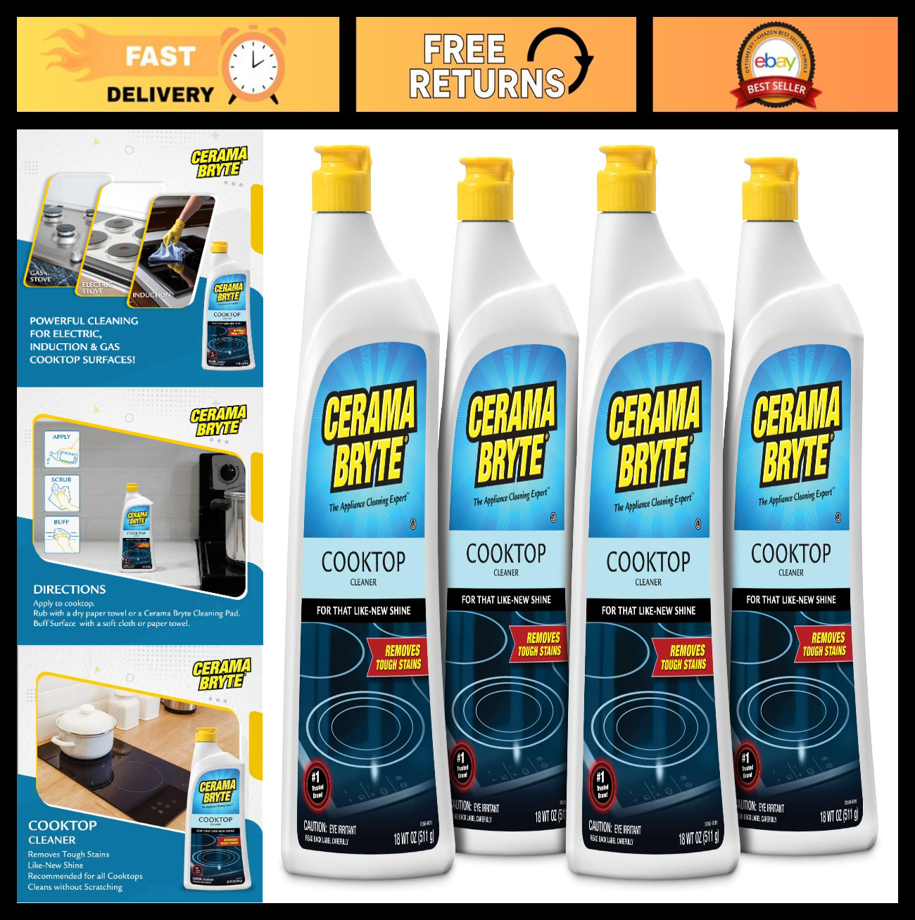 Cooktop Cleaner for Glass-Ceramic Surfaces, 18 oz – 4 Pack, Streak-Free Shine