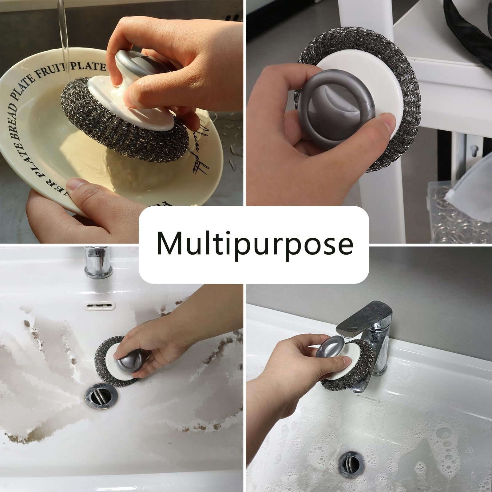 2 Pack Stainless Steel Wool Scrubber with Handle Heavy Duty Scouring Pads Gray