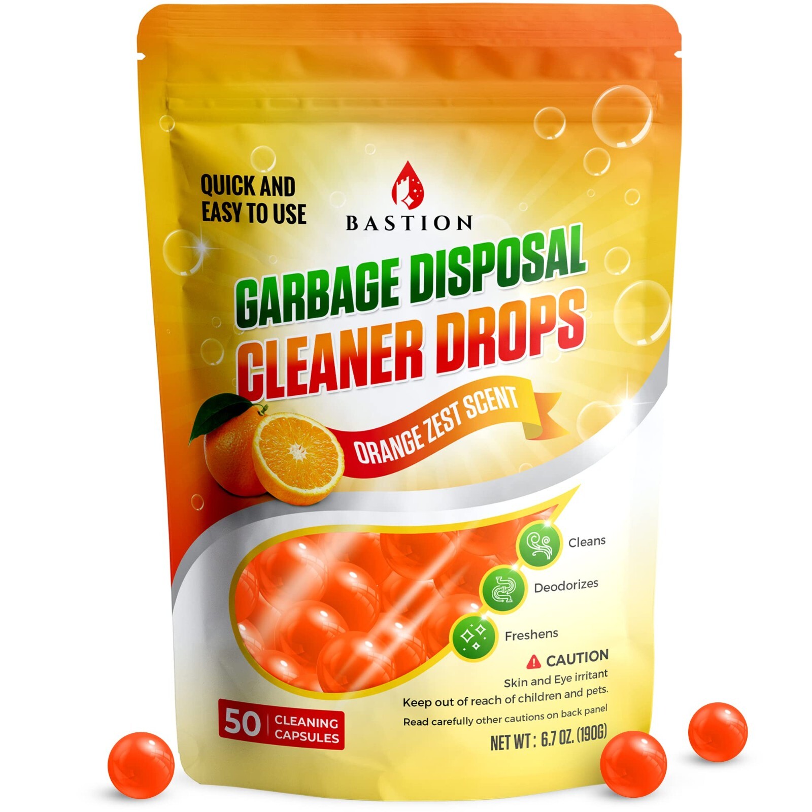 Garbage Disposal Cleaner and Deodorizer Drops by Bastion Orange Zest Scented