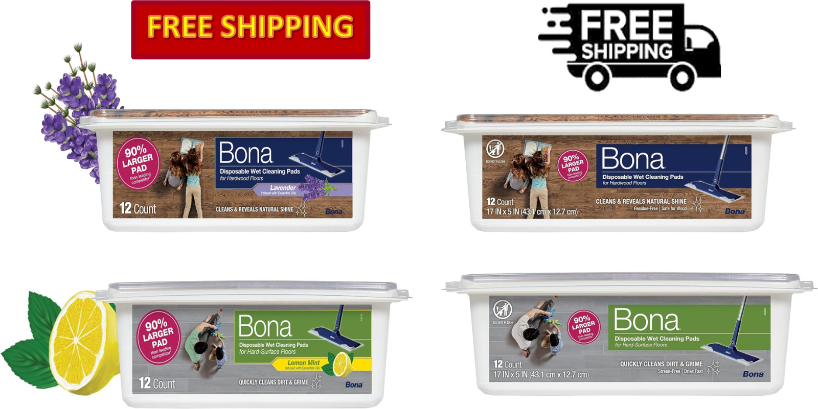 Bona Disposable Wet Cleaning Pads for Hardwood Floor & Multi-Surface Floor-12 Pk