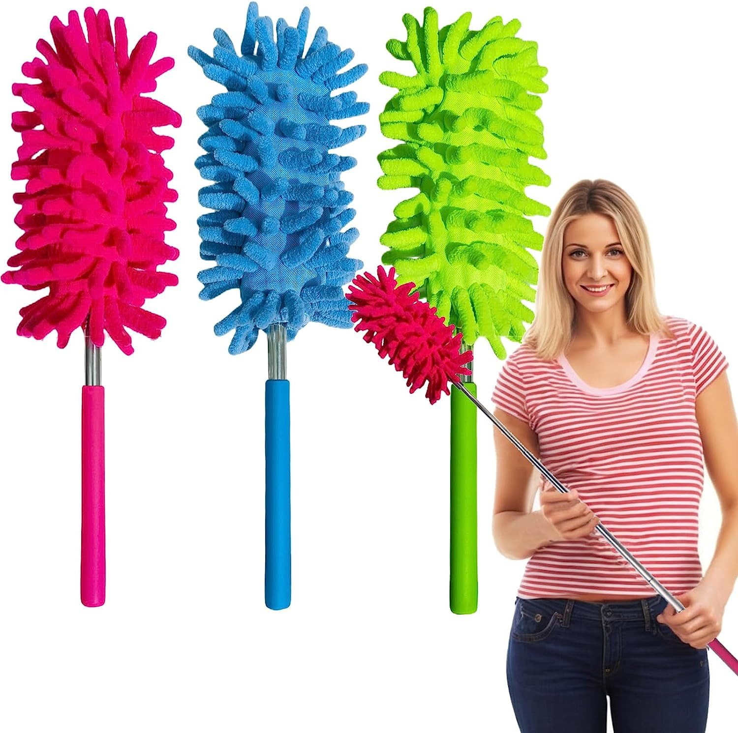 3 Pack Retractable Microfiber Dusters Extendable 11-30in Blue Red Green[1][2][3]