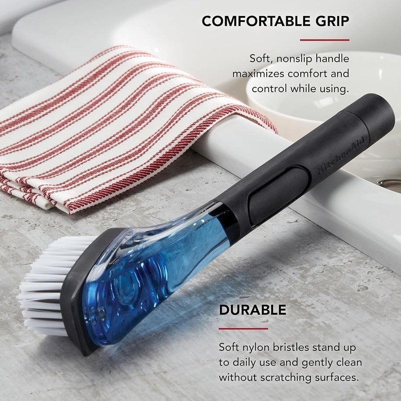 Dishwasher Safe Soap Dispensing Dish Brush W/ Nylon Bristles & Scraper New