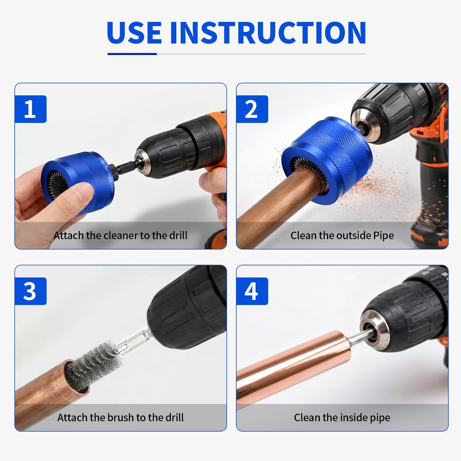 1/2″, 3/4″ & 1″ Copper Pipe Cleaner for Drill, with 1/4″ Hex Shank & 6 Brush …