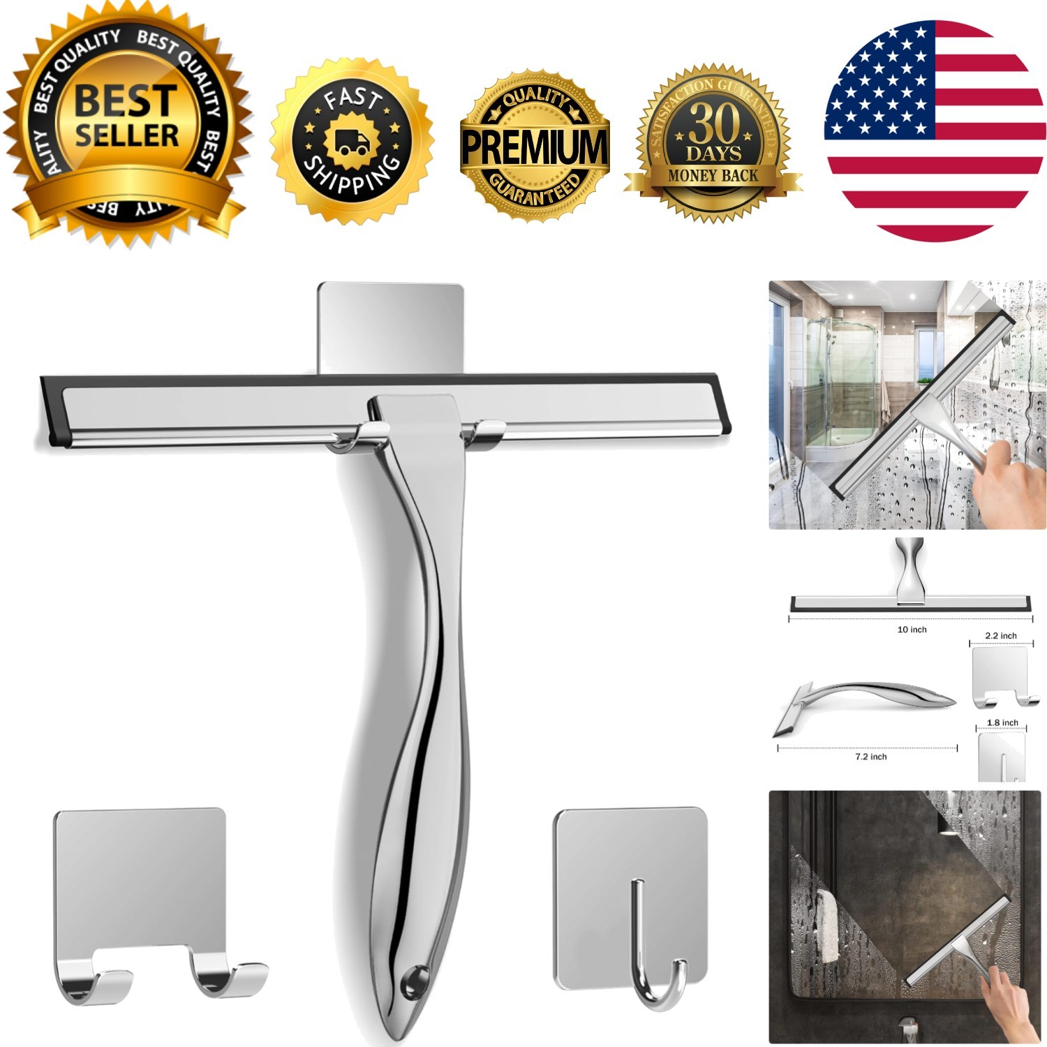 Modern Shower Squeegee with Silicone Blade & Hooks – Streak Free Cleaning Tool