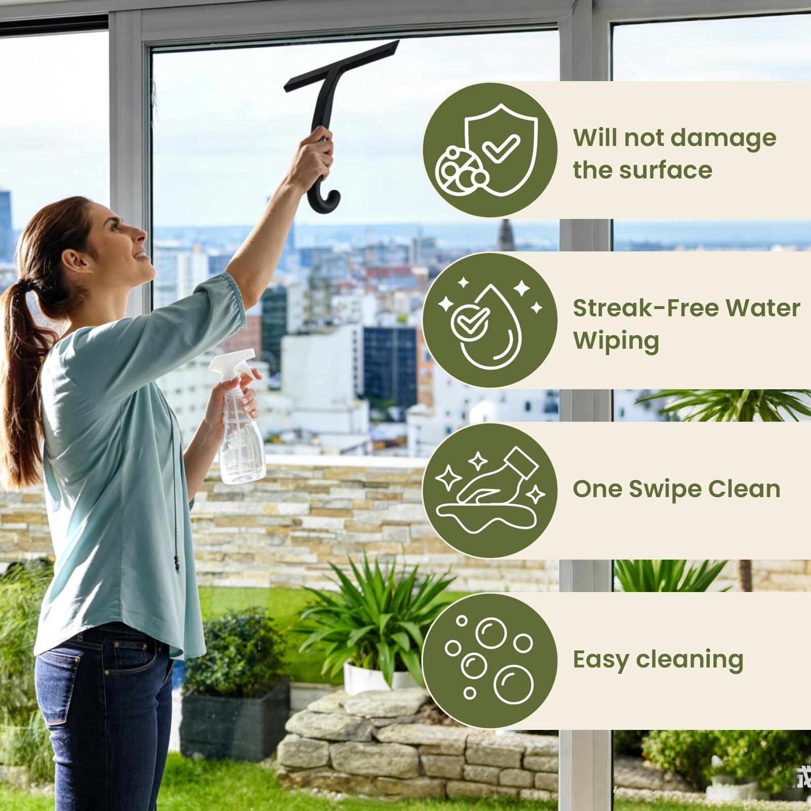Shower Squeegee for Glass Doors 10 Inch Ergonomic Round Grip Silicone Hook