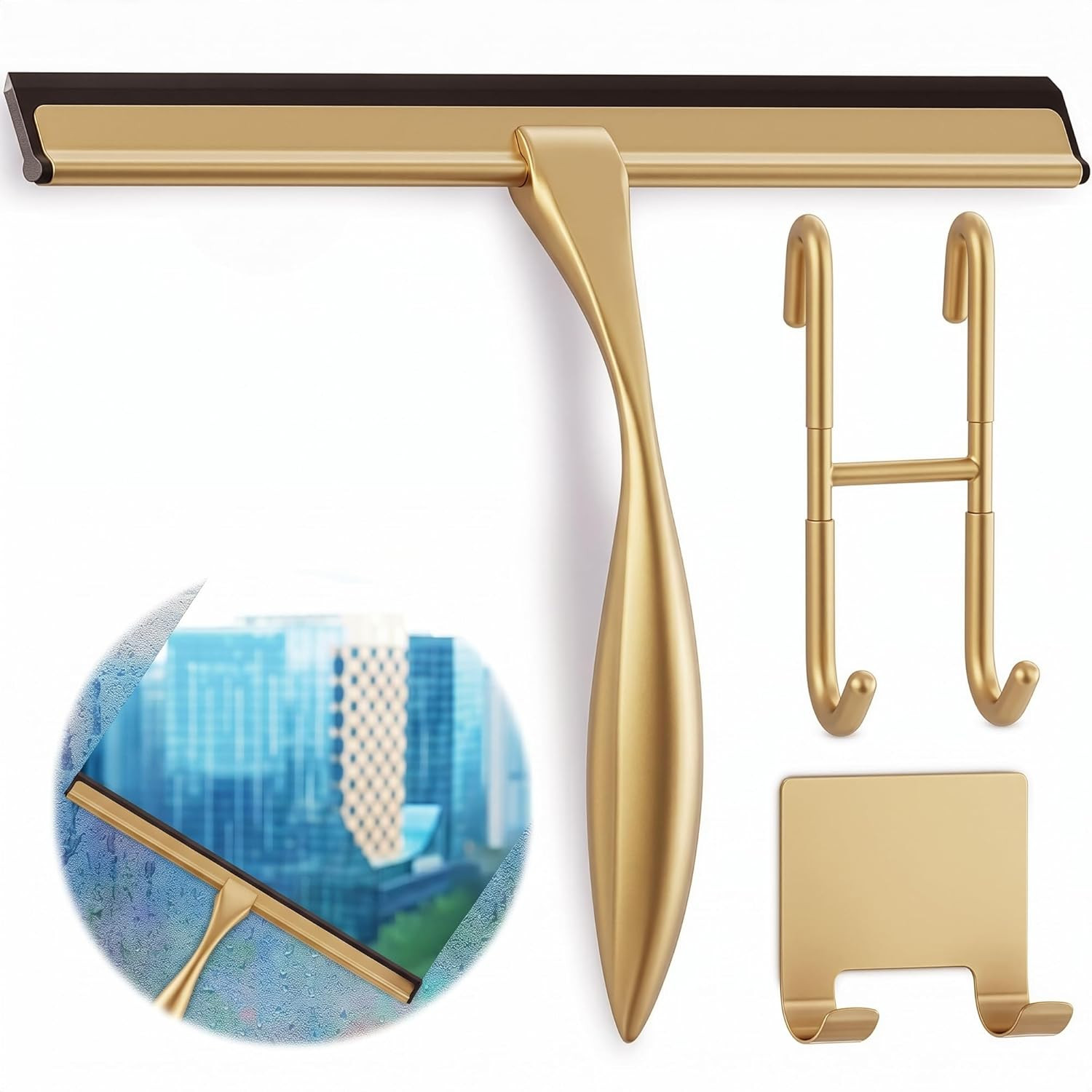 Shower Door Squeegee with Hook – 14″ Silicone Blade, Stainless Steel Gold Squeeg
