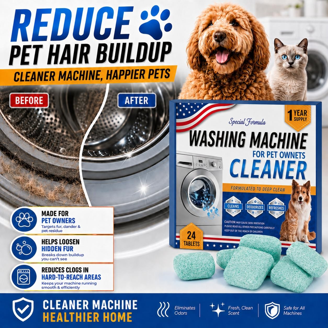 24 Pack Washing Machine Cleaner Tablets – Special Formula for Pet Owners, Remove