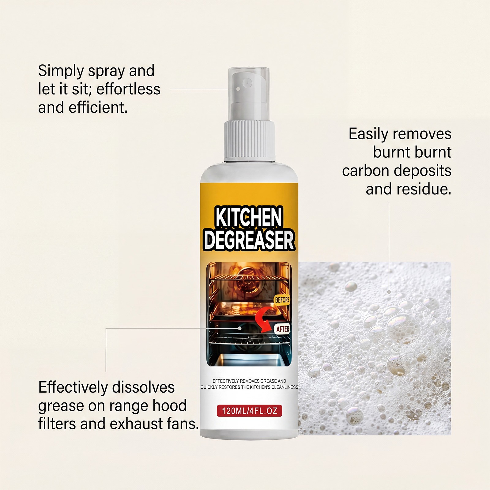 BBQ Grill Cleaner Spray, Heavy Duty Degreaser, Fast-acting Grease Removal 120ml