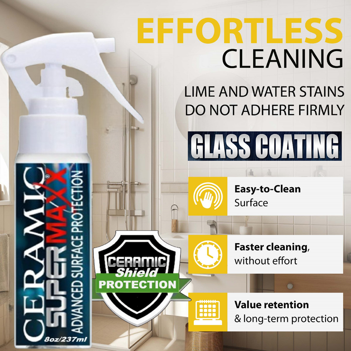 SHOWER GLASS DOOR CLEANER HYDROPHOBIC HARD WATER SPOT RESISTANT CERAMIC COATING
