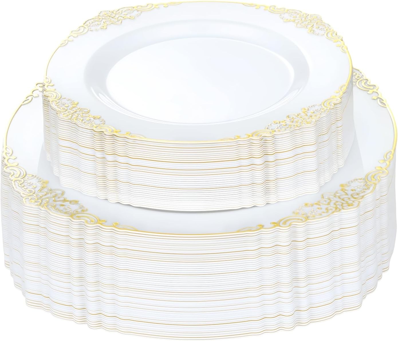 Bestluck 100 PCS White and Gold Plastic Plates for 50 Guests, Gold Disposable