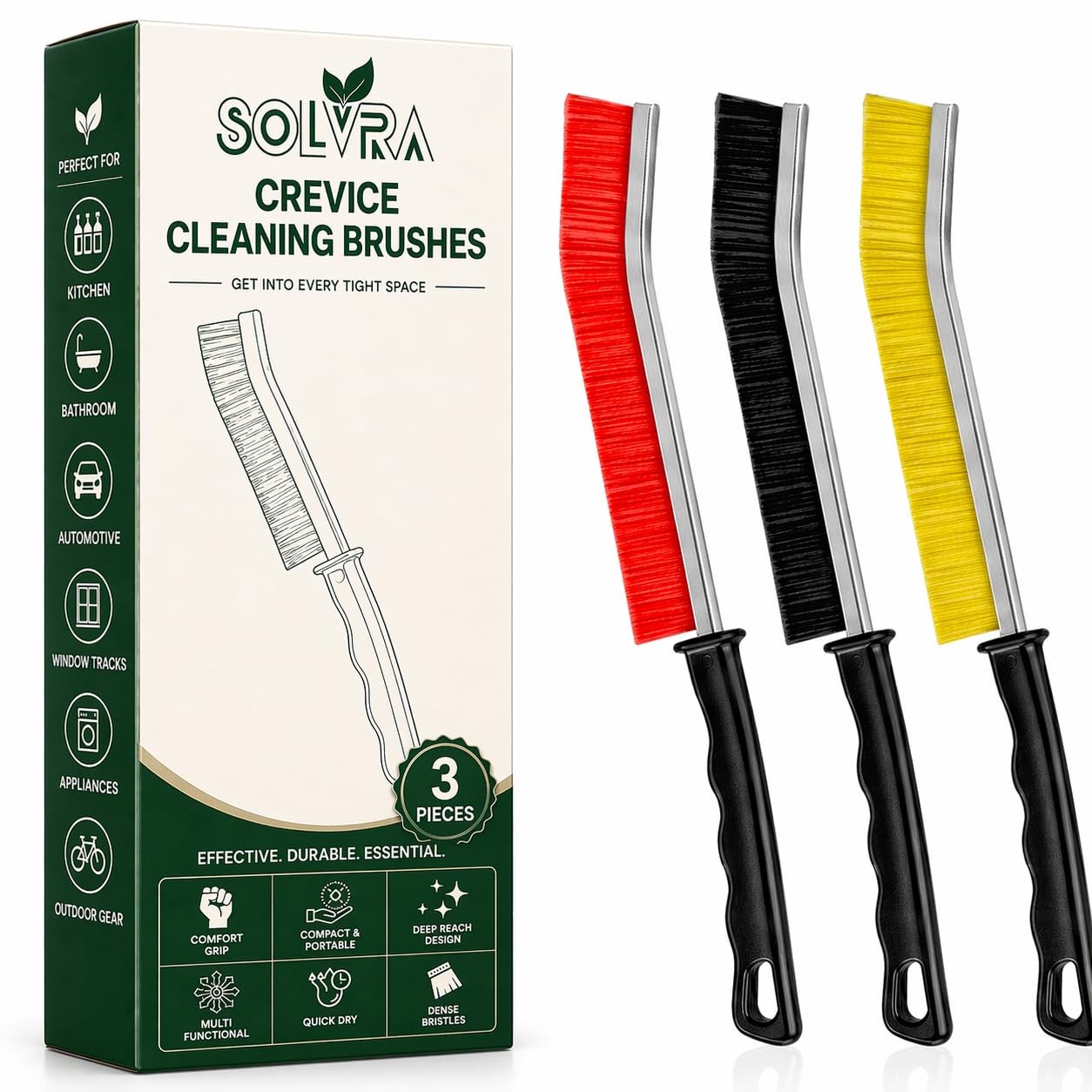Crevice Cleaning Brush Set – 3Pcs Hard Bristle Cleaning Tools in Red, Black &…