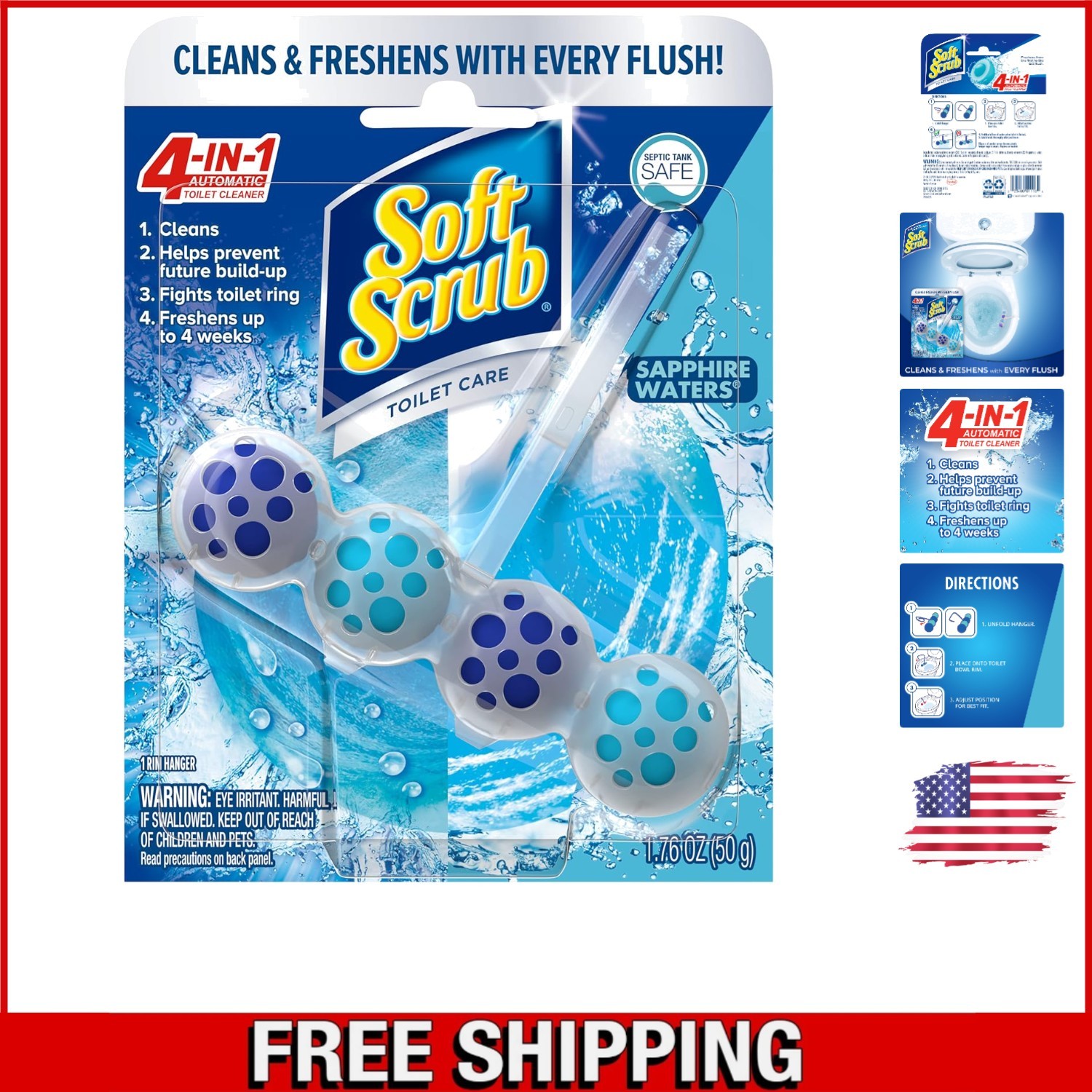 4-in-1 Toilet Cleaner Rim Hanger in Sapphire Waters – Freshens Up to 4 Weeks