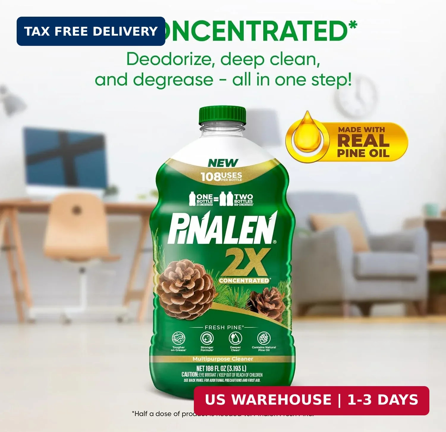 PINALEN 2X Max Aromas Concentrated Multipurpose Cleaner – Fresh Pine Scent – 108