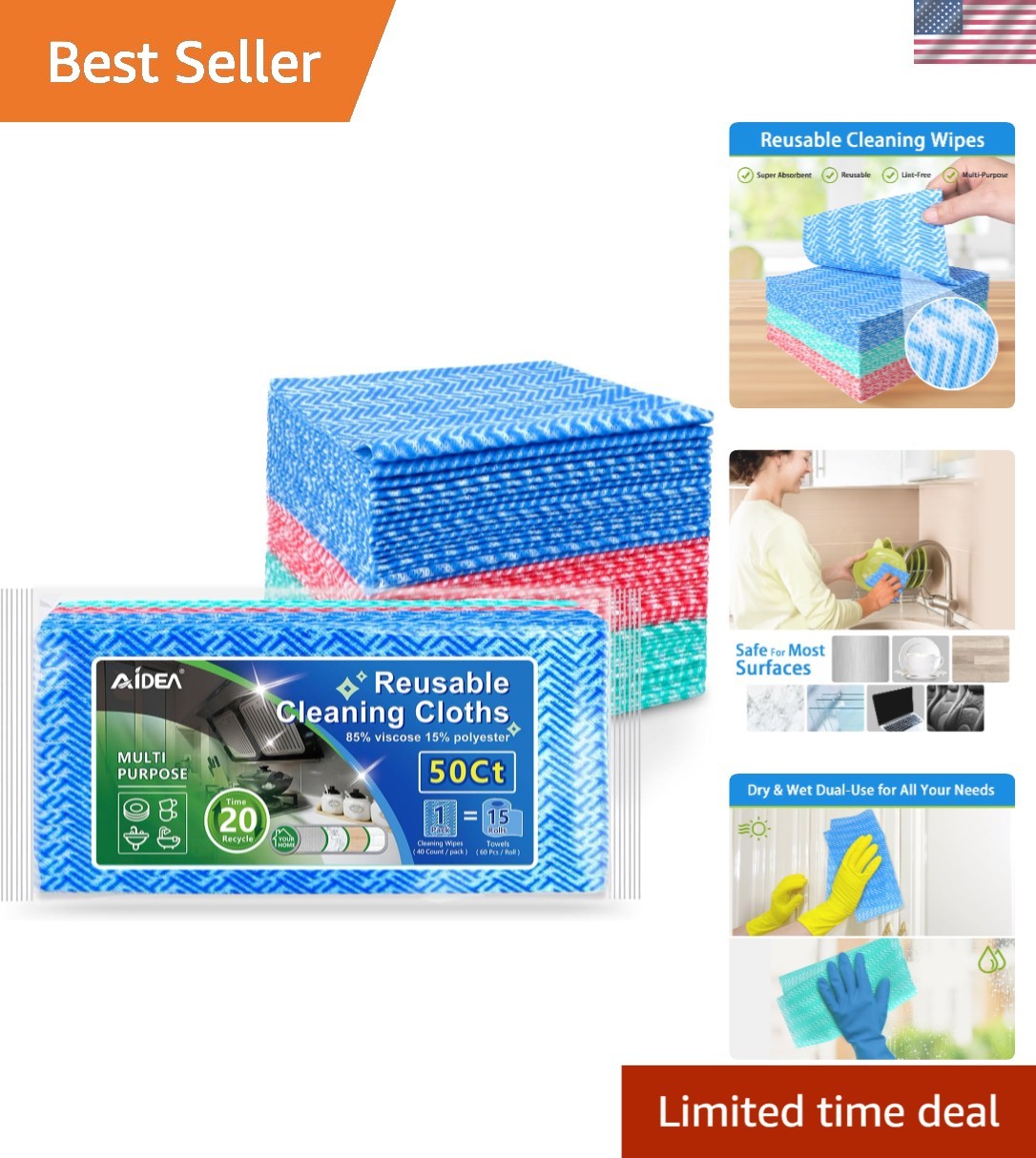 Eco-Friendly 50 Pack Cleaning Wipes – 12 Inch Reusable Towels for All Surfaces