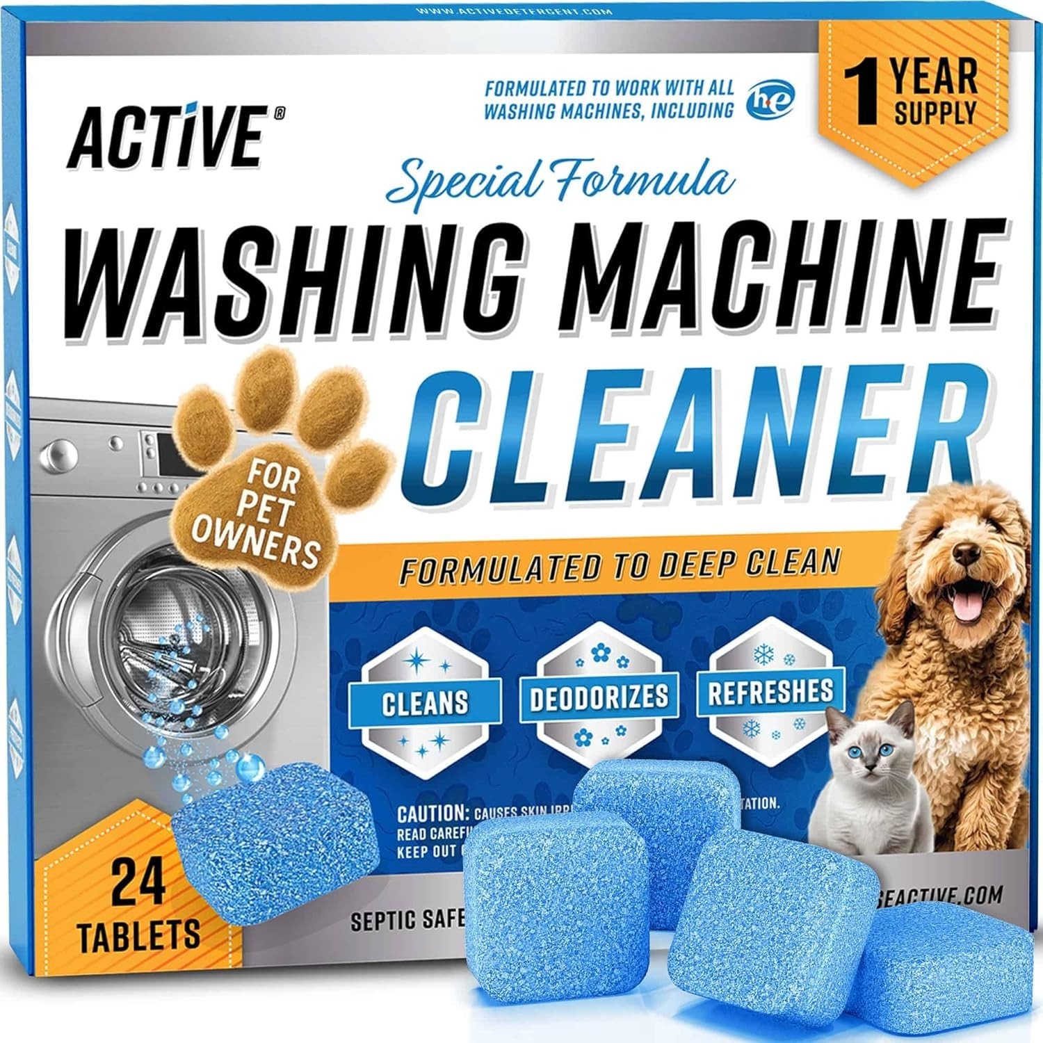 NEW ACTIVE Washing Machine Cleaner for Pet Owners Enzymatic Deep Clean 24 Tablet
