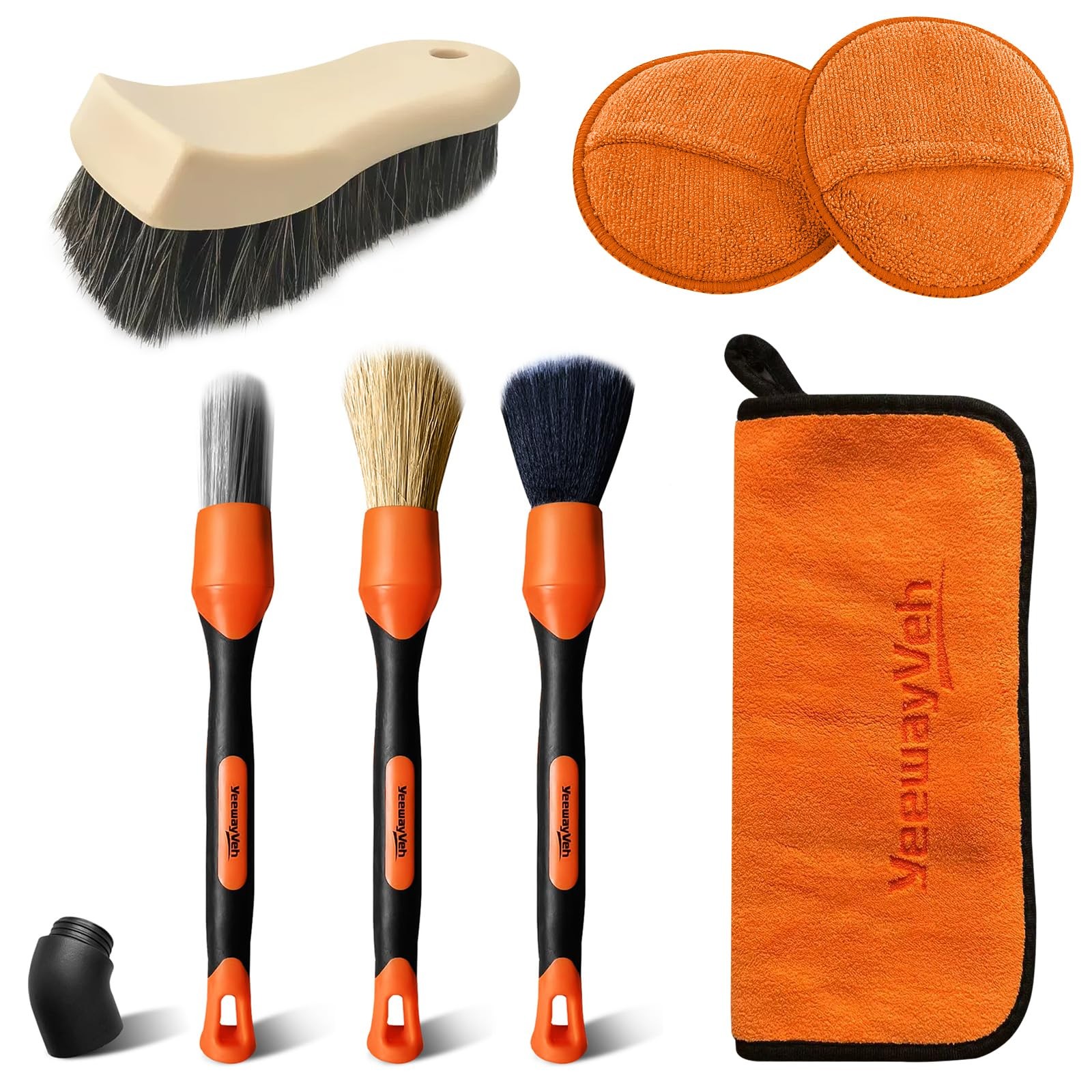 7PCS Car Interior Detailing Kit Horse Hair Leather Brush Applicator Pads