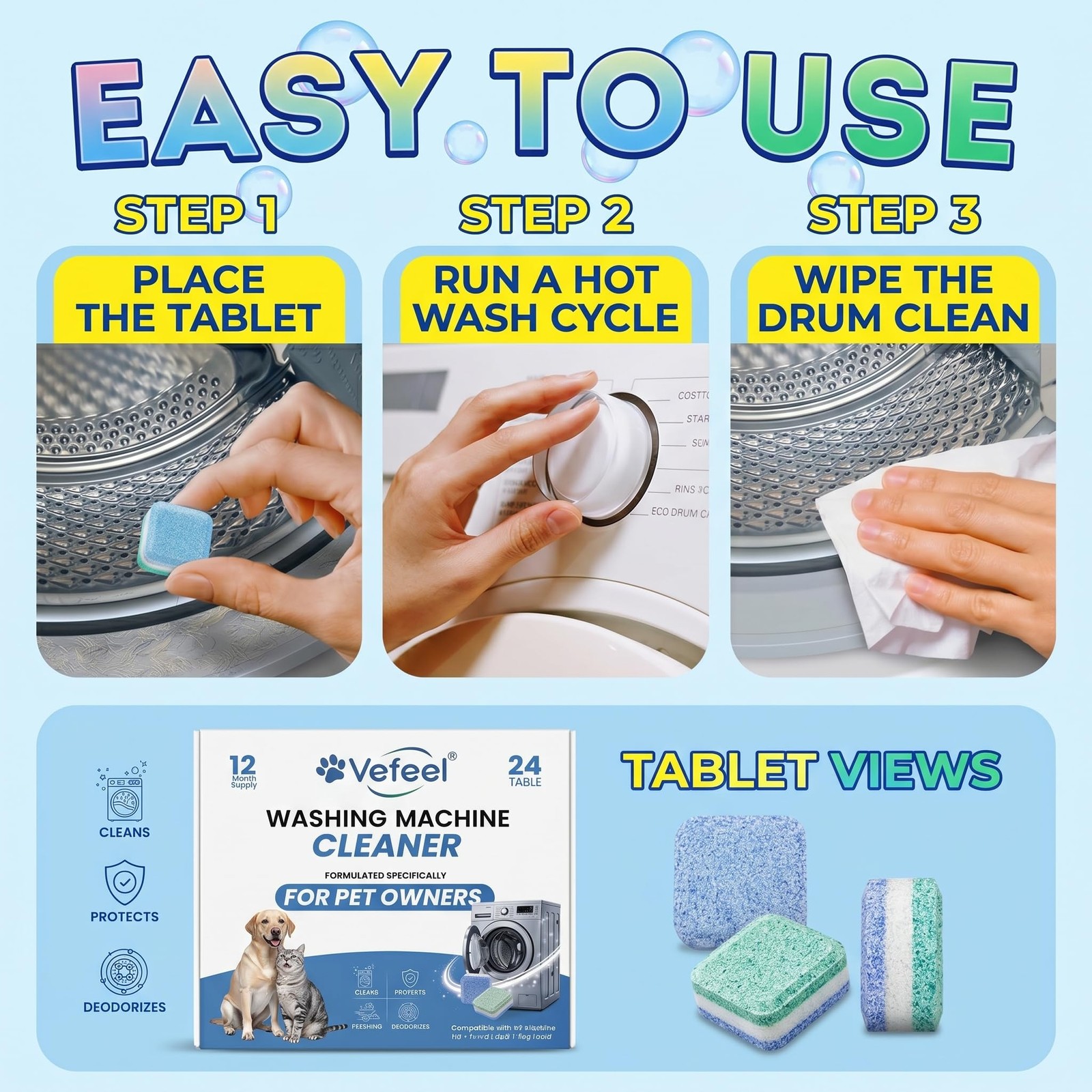 ULTRA Washing Machine Cleaner Tablets for Pet Owners,24 Pack 12-Month Supply,…