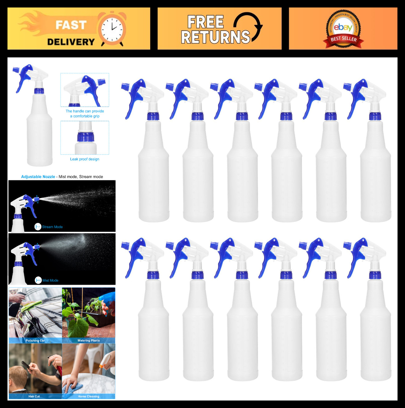 12pcs 750ml Plastic Spray Bottles with Adjustable Nozzle – Leak Proof Water Mist