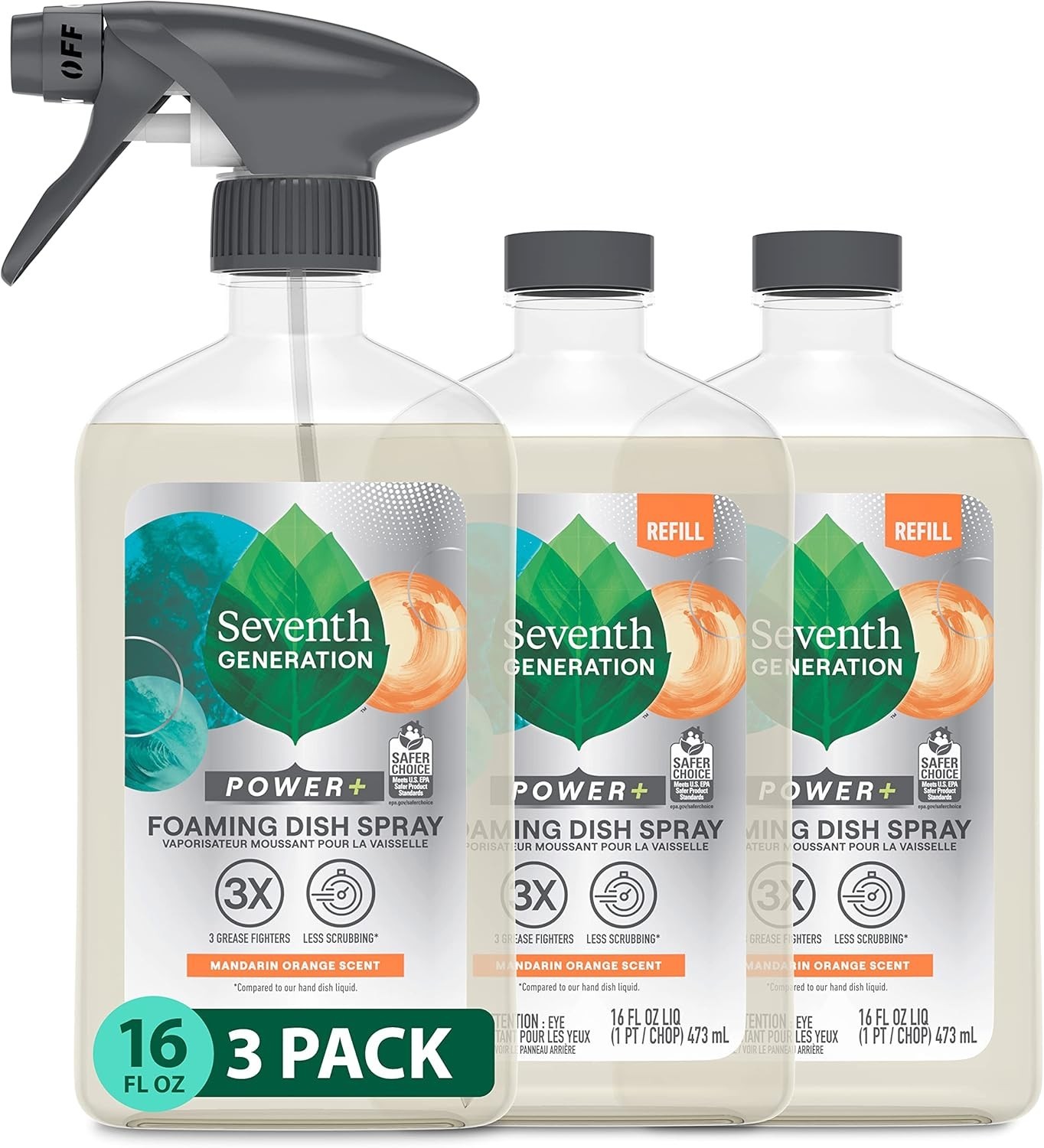 Seventh Generation Foaming Dish Spray 3X Grease Fight 3 Refill Sprayhead 3x16Oz