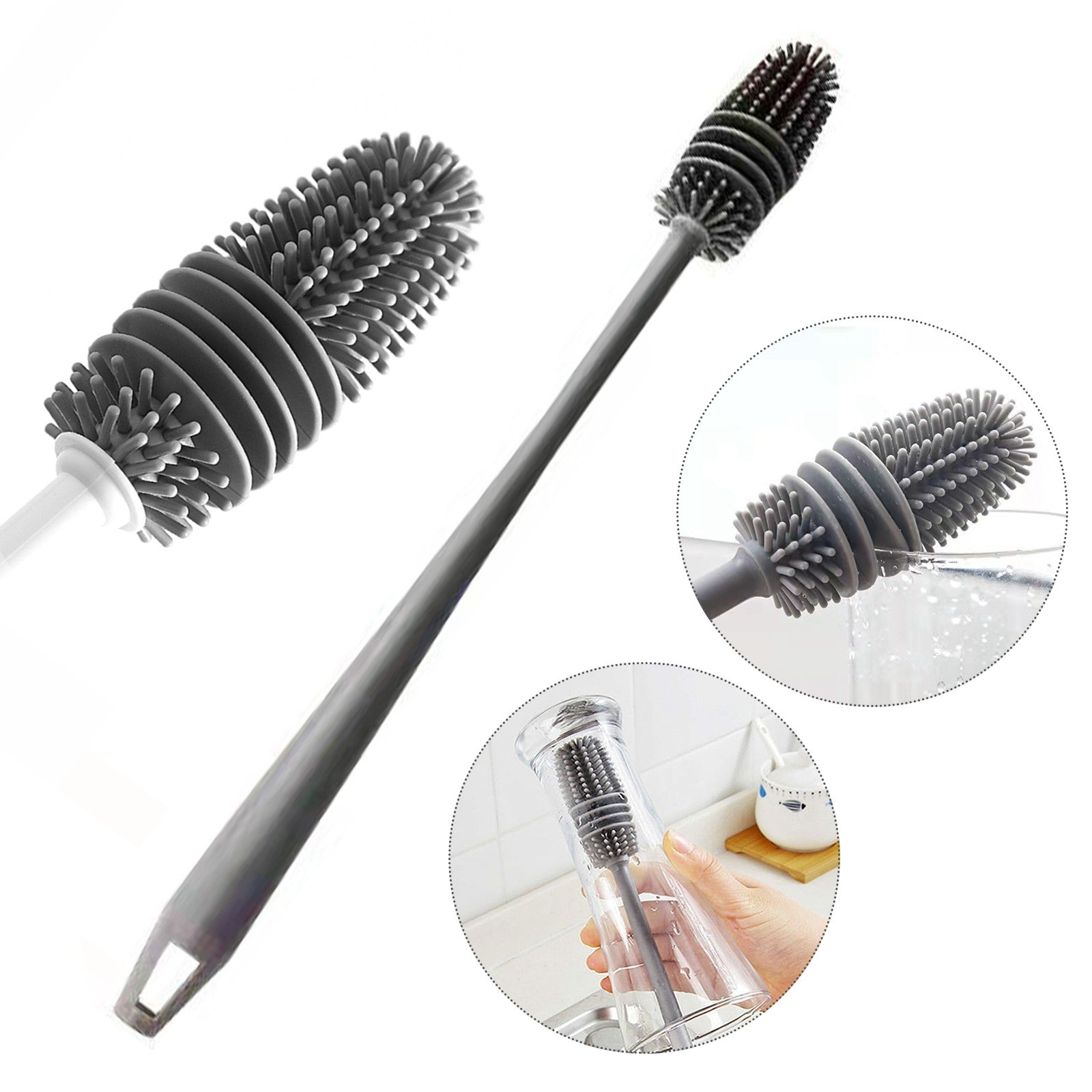 1Pc Bottle Scrubbing Washing Brush Silicone Long Handle Cup Cleaning Brush Tool
