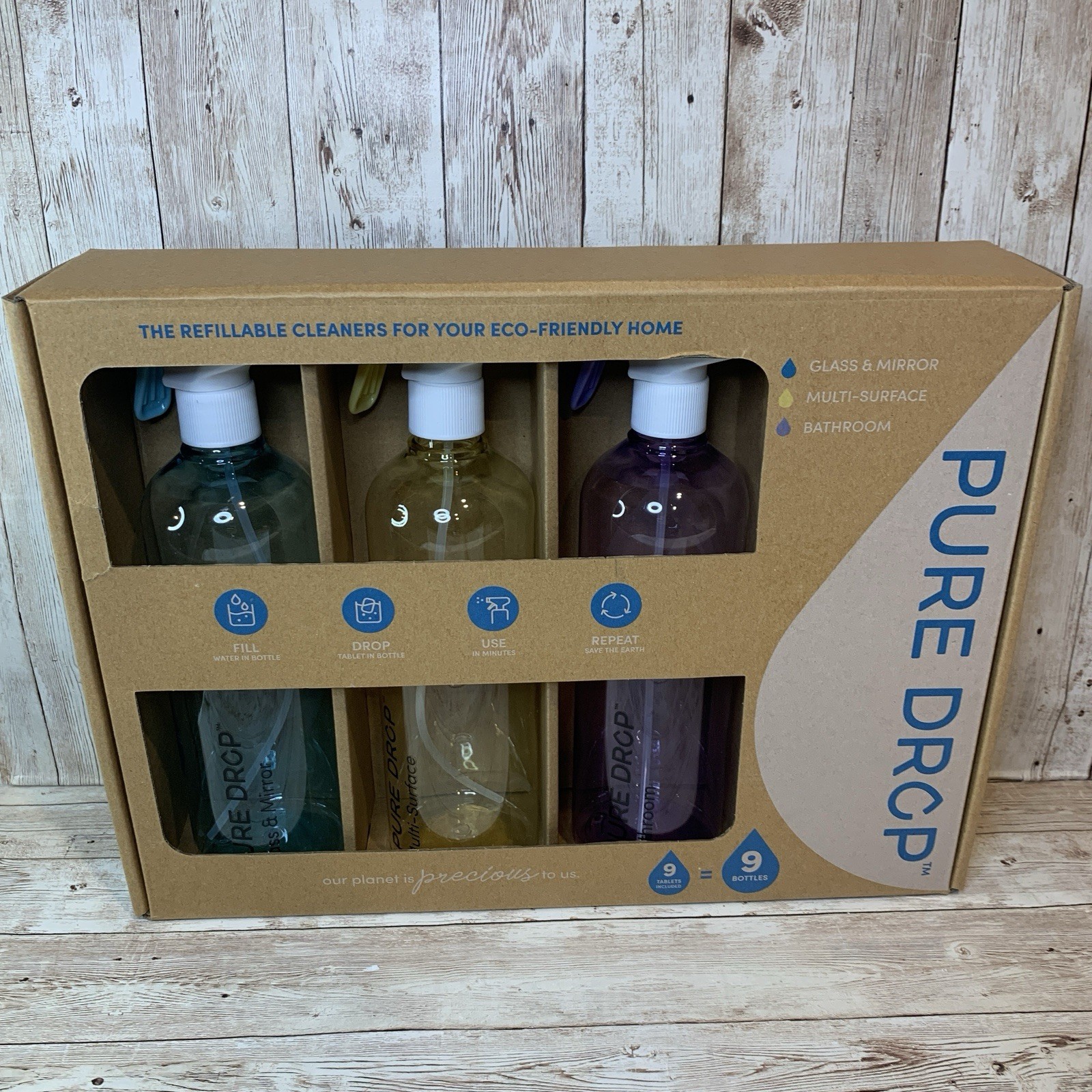 PURE DROP 3 Pack EcoFriendly 26oz Plastic Spray Bottles + 9 Cleaning Tablets NIP