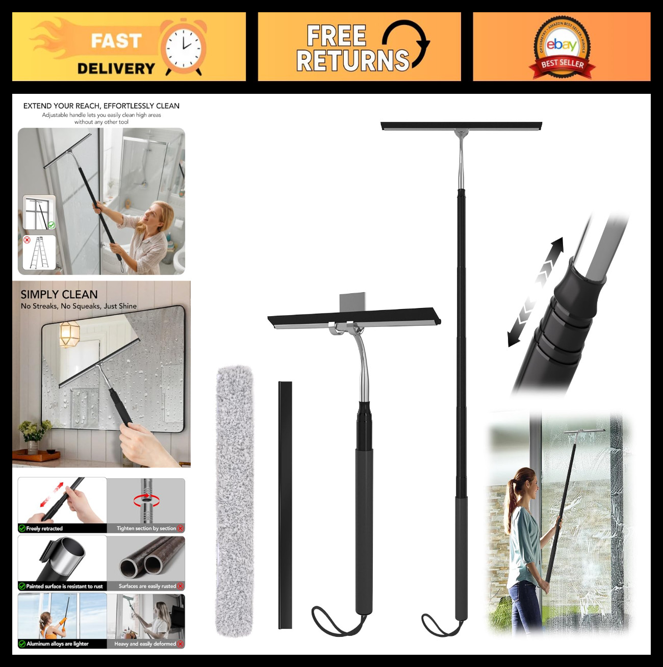 Telescopic Shower Squeegee with Long Handle, 15-51″ Extendable Window Cleaner To