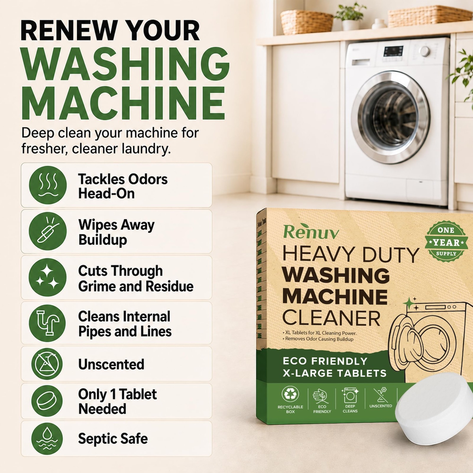 Renuv® Heavy Duty Washing Machine Cleaner and Descaler – Deep Cleaning Tablet…