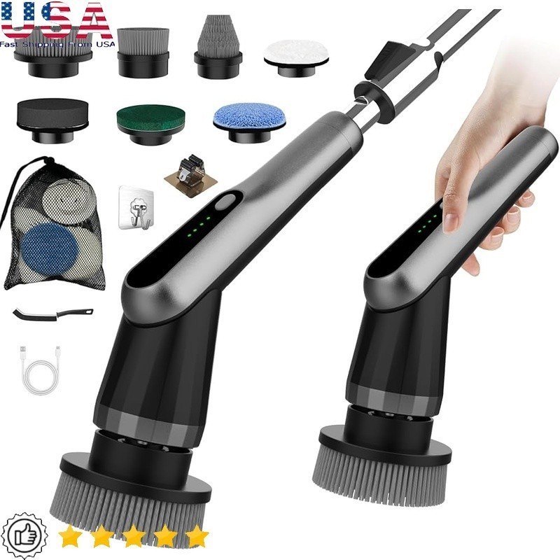 2 Speed Waterproof Electric Shower Scrubber W/ 10 in 1 Attachments Home Cleaning