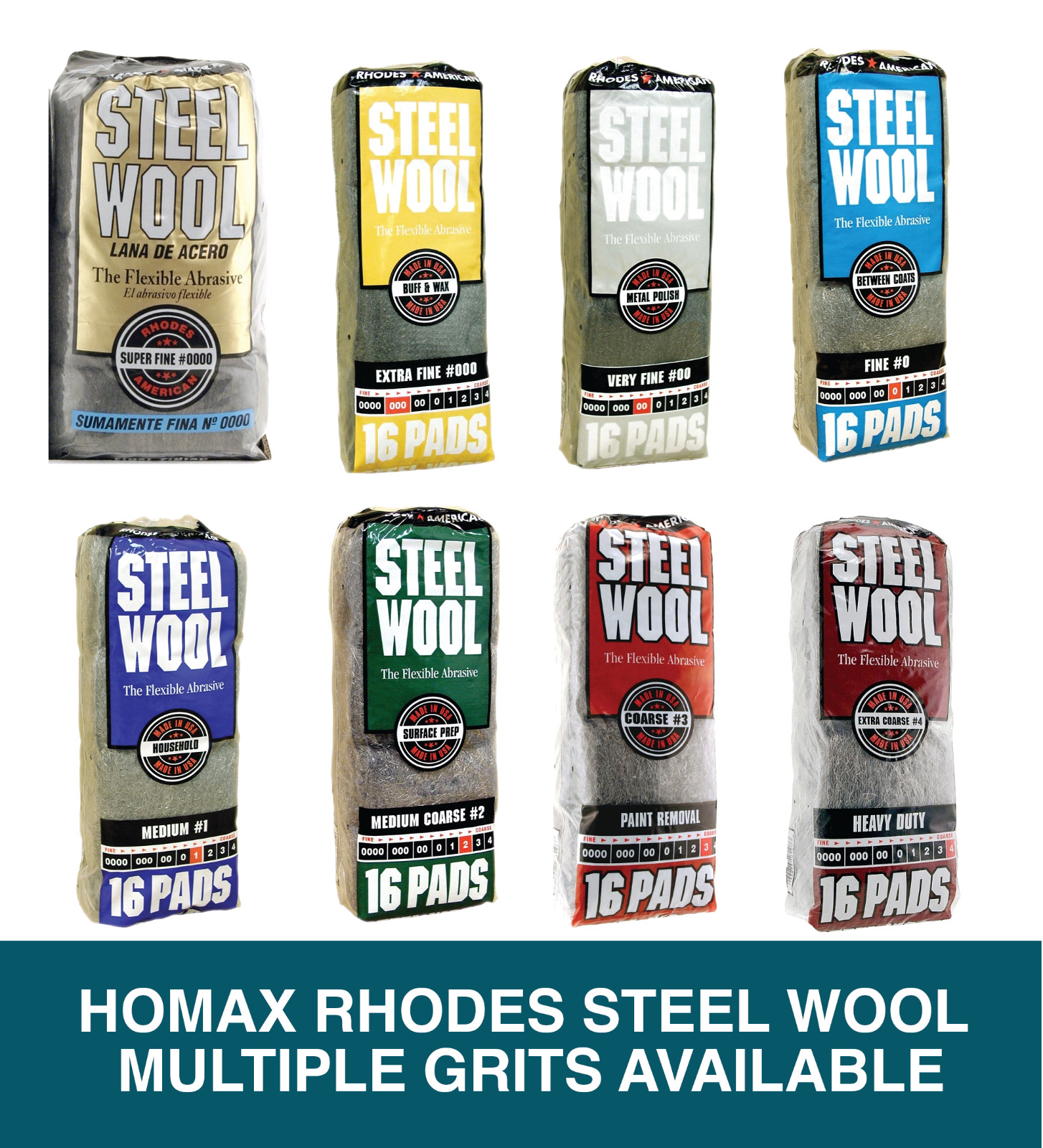 Homax Steel Wool Pads – 16 Per Pack, #0000 #000 #00 #0 #1 #2 #3 #4 Grit