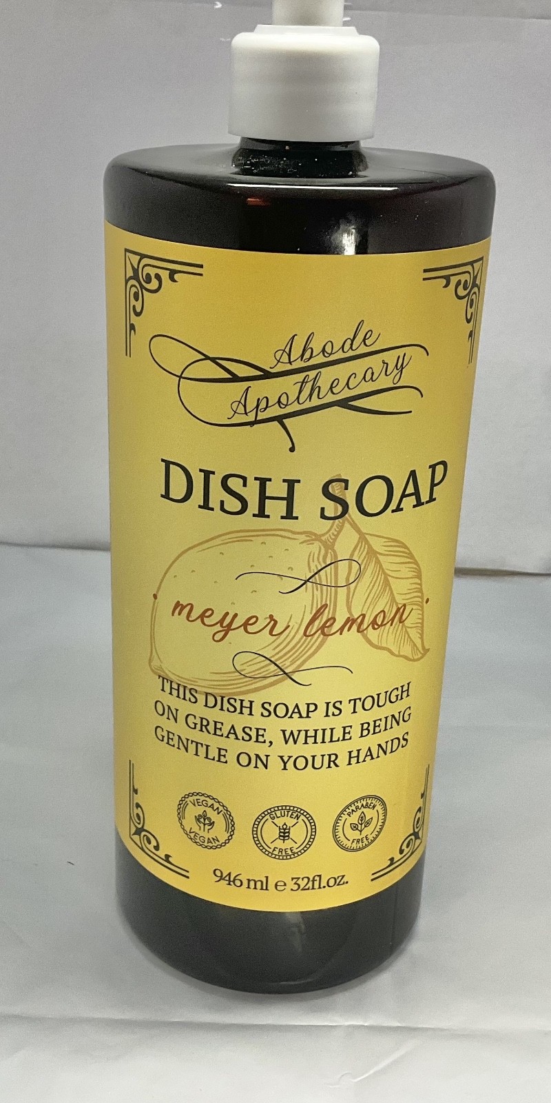LEMON DISH SOAP Abode Apothecary Meyer 946 ml/32oz. Pump plastic Bottle.