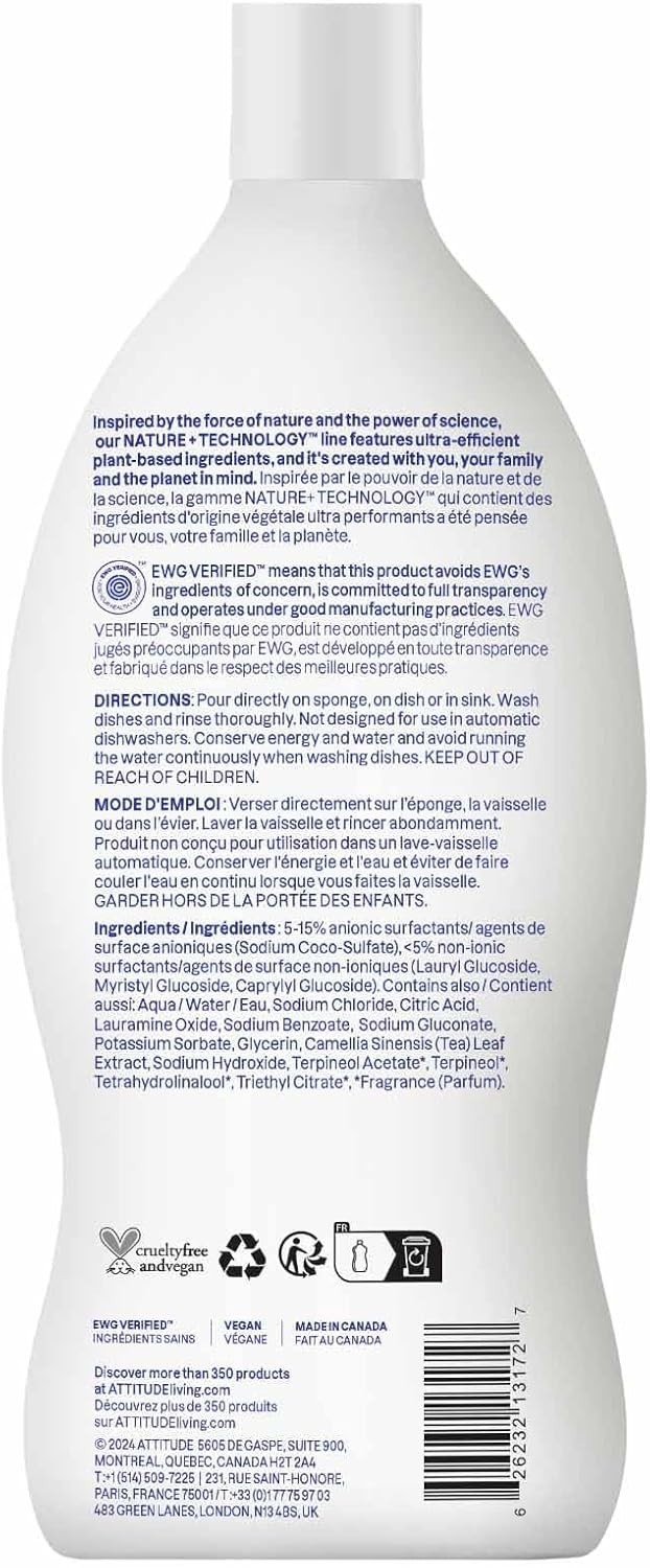 ATTITUDE Dish Soap, EWG Verified, Plant-Based & Vegan Dishwashing Liquid, Natura