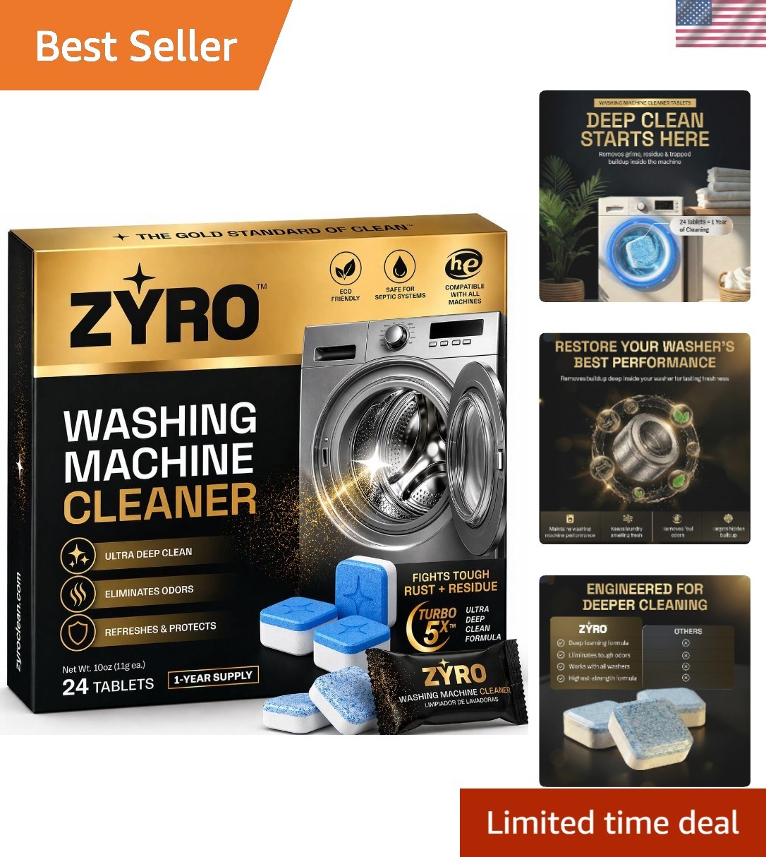 Washing Machine Cleaner Tablets – 24 Pack for a 12 Supply. Formulated for