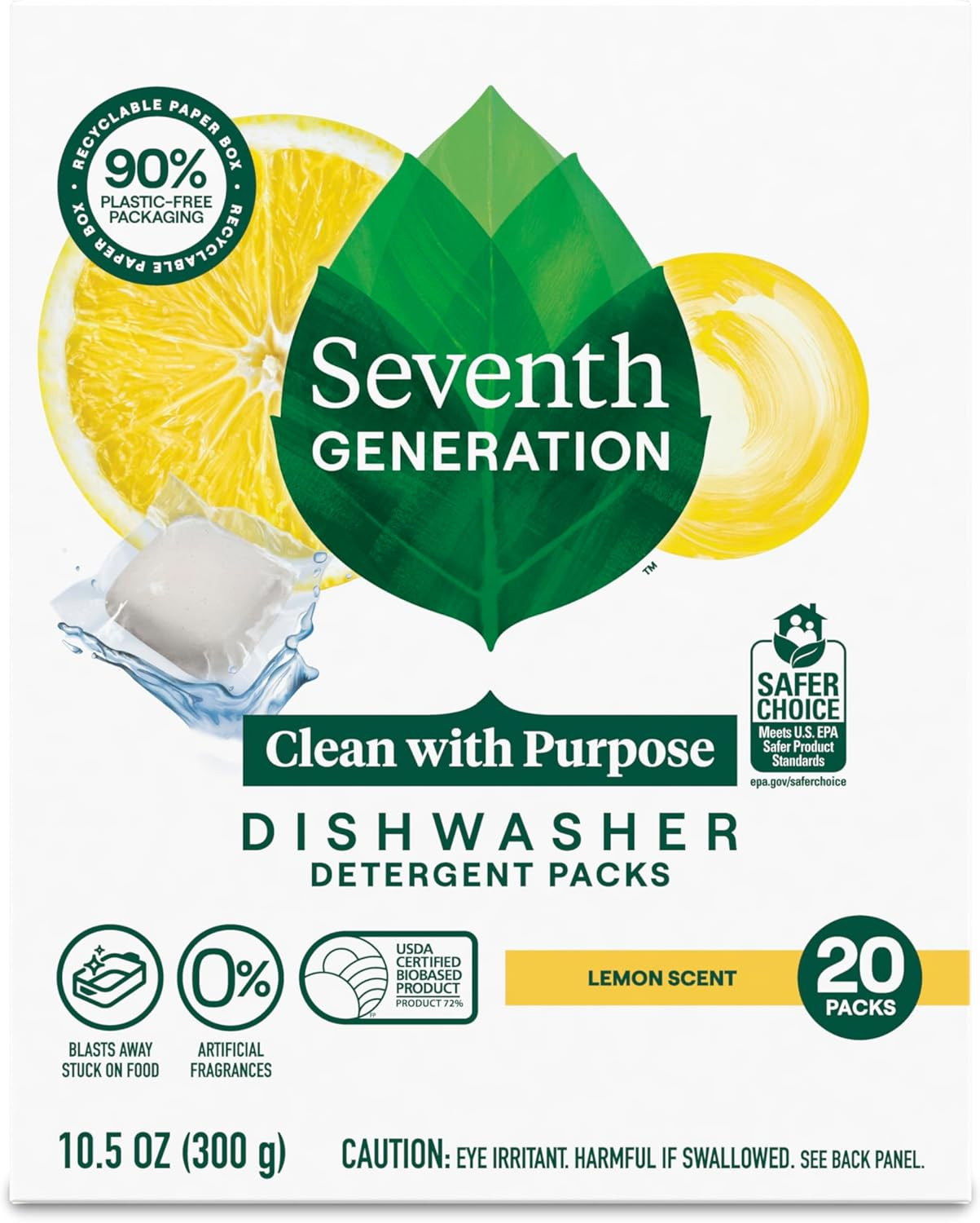 Seventh Generation Dishwasher Detergent Pods Lemon Scent 20 Count Tabs New