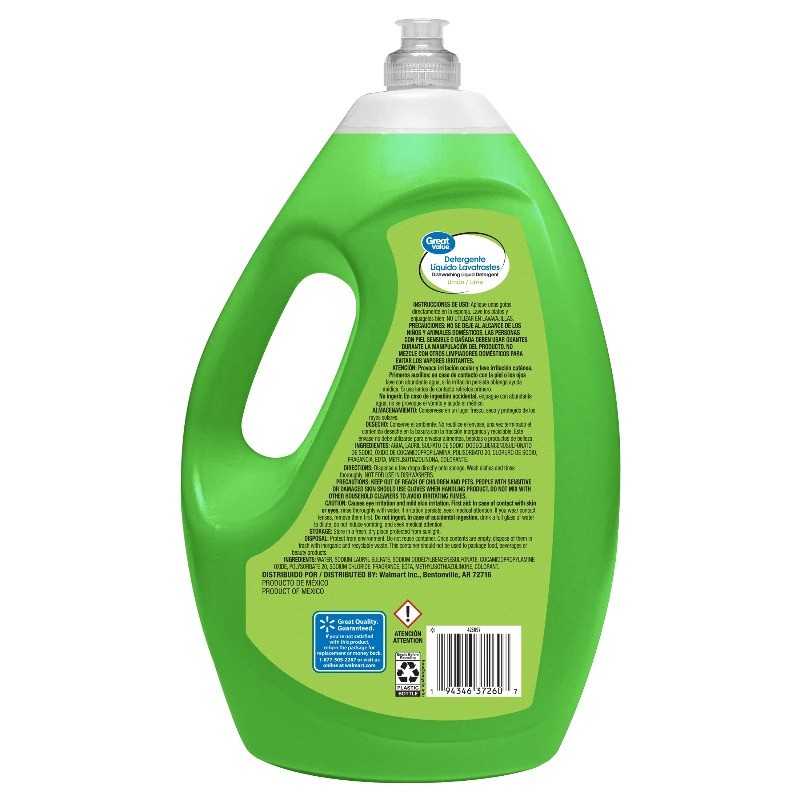 Great Value Dish Washing Liquid Detergent, Limon/Lime, 90 fl oz