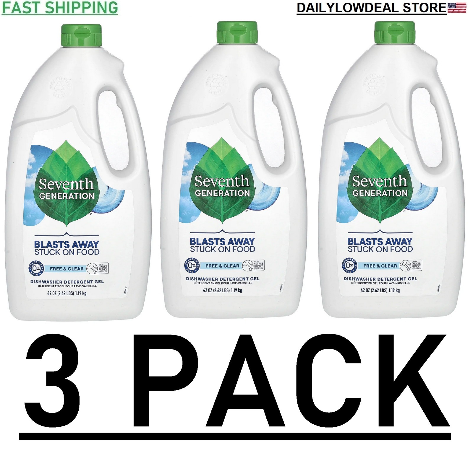 3 PACK – Seventh Generation Free & Clear Liquid Dish Soap Detergent 42 oz SEALED