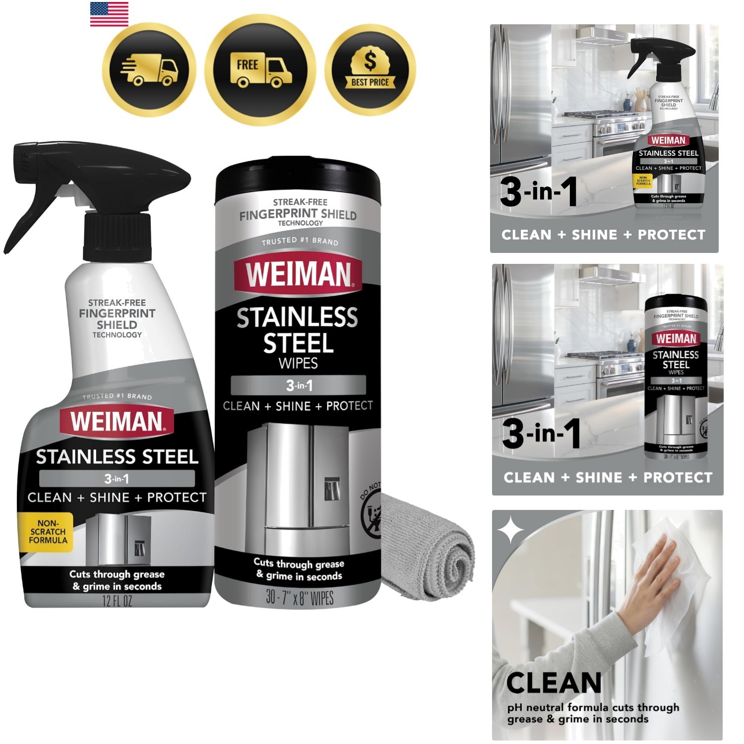 Stainless Steel Cleaner & Polish Kit, 3 Piece – Spray, Wipes & Cloth, Anti-Fi…