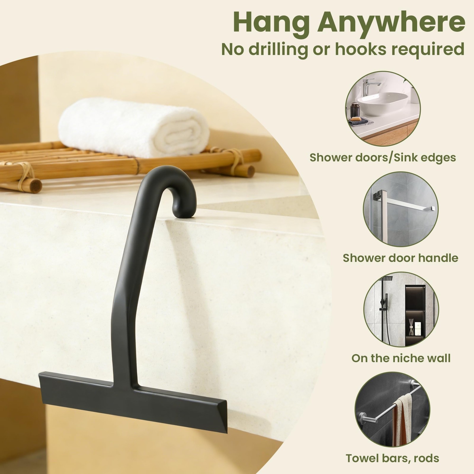 Shower Squeegee for Glass Doors 10 Inch Ergonomic Round Grip Silicone Hook